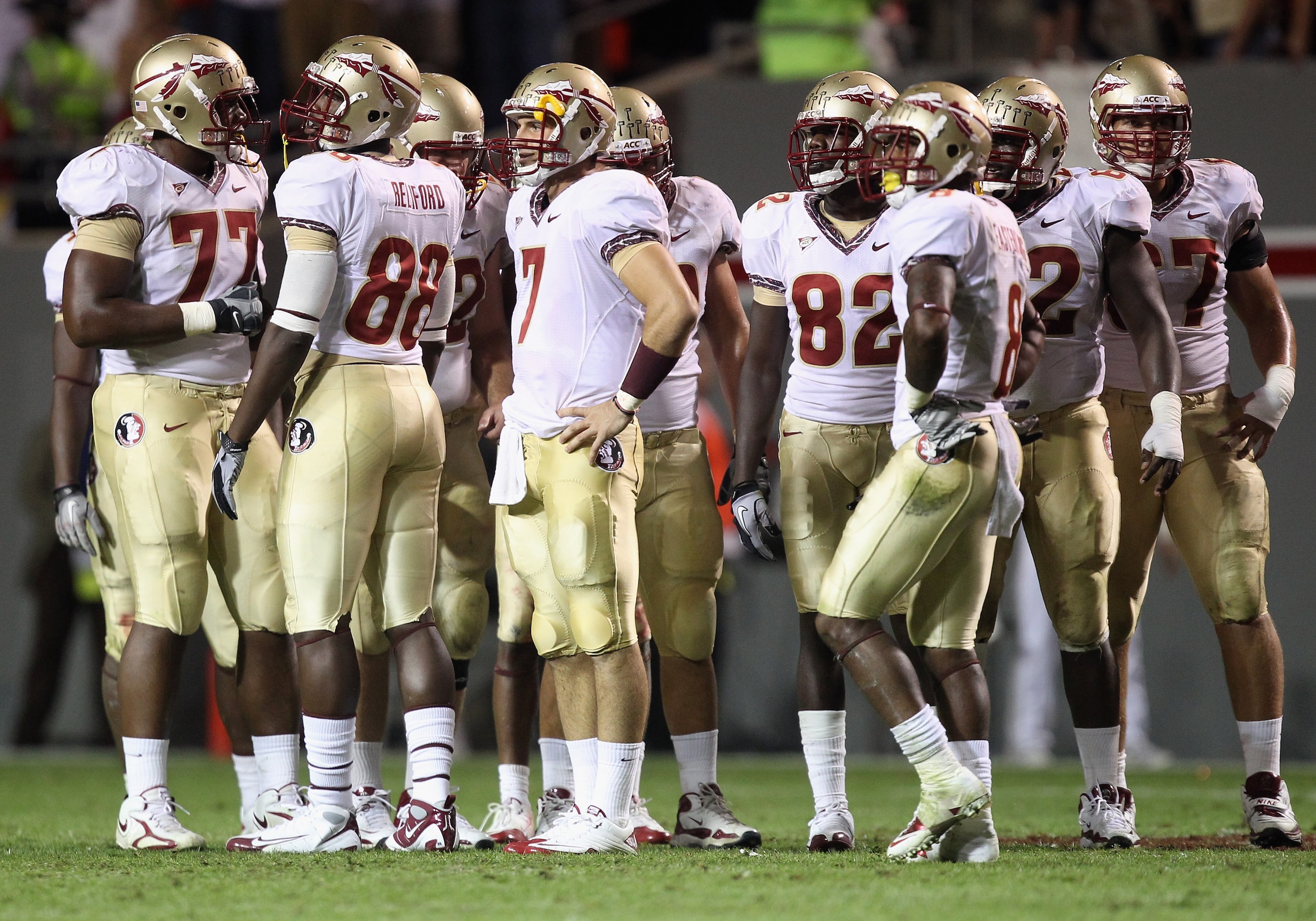 RALEIGH, NC - OCTOBER 28: Christian Ponder #7 of the Florida State Seminoles huddles with his team against the North Carolina State Wolfpack during their game at Carter-Finley Stadium on October 28, 2010 in Raleigh, North Carolina. (Photo by Streeter Le RALEIGH, NC - OCTOBER 28: Christian Ponder #7 of the Florida State Seminoles huddles with his team against the North Carolina State Wolfpack during their game at Carter-Finley Stadium on October 28, 2010 in Raleigh, North Carolina. (Photo by Streeter Le