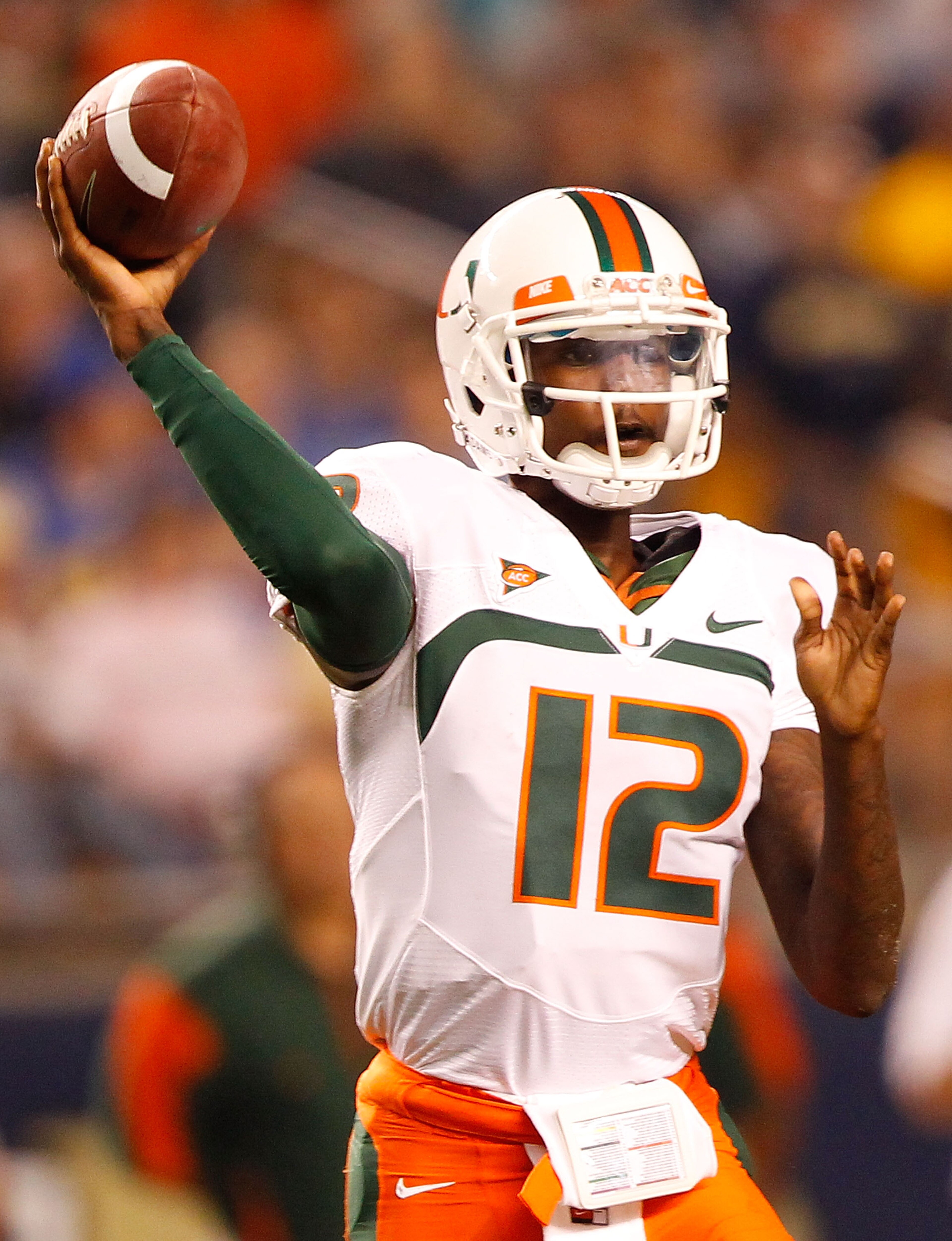 PITTSBURGH - SEPTEMBER 23: Jacory Harris #12 of the Miami Hurricanes drops back to pass against the Pittsburgh Panthers on September 23, 2010 at Heinz Field in Pittsburgh, Pennsylvania. (Photo by Jared Wickerham/Getty Images) PITTSBURGH - SEPTEMBER 23: Jacory Harris #12 of the Miami Hurricanes drops back to pass against the Pittsburgh Panthers on September 23, 2010 at Heinz Field in Pittsburgh, Pennsylvania. (Photo by Jared Wickerham/Getty Images)