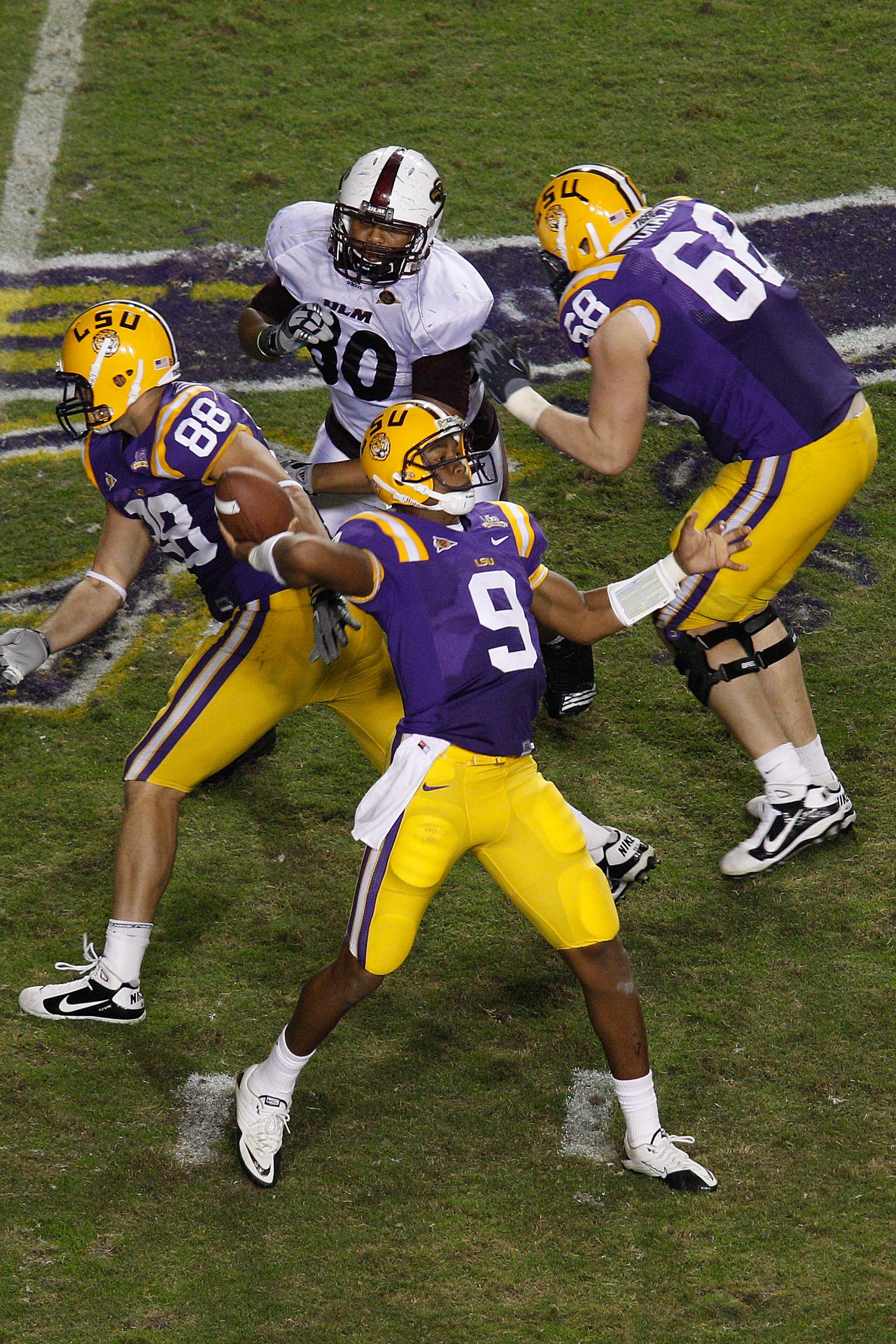 BATON ROUGE, LA - NOVEMBER 13:  Jordan Jefferson #9 of the Louisiana State University Tigers looks to throw a pass during the game against the University of Louisiana-Monroe Warhawks at Tiger Stadium on November 13, 2010 in Baton Rouge, Louisiana.   The T