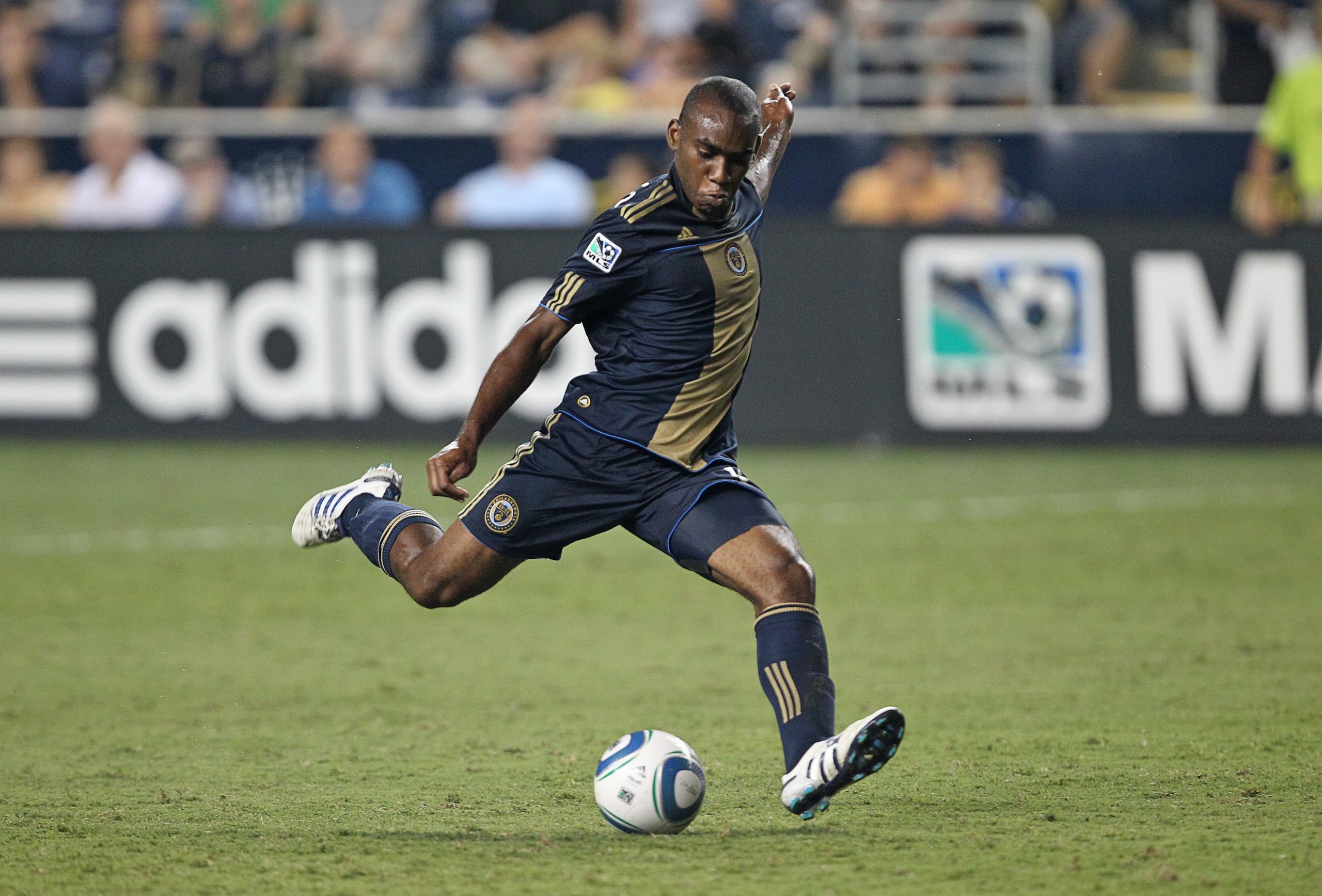 CHESTER, PA - AUGUST 11: Midfielder Amobi Okugo #14 of the Philadelphia Union goes for the ball during a game against Real Salt Lake at PPL Park on August 11, 2010 in Chester, Pennsylvania. The game was a 1-1 tie. (Photo by Hunter Martin/Getty Images)