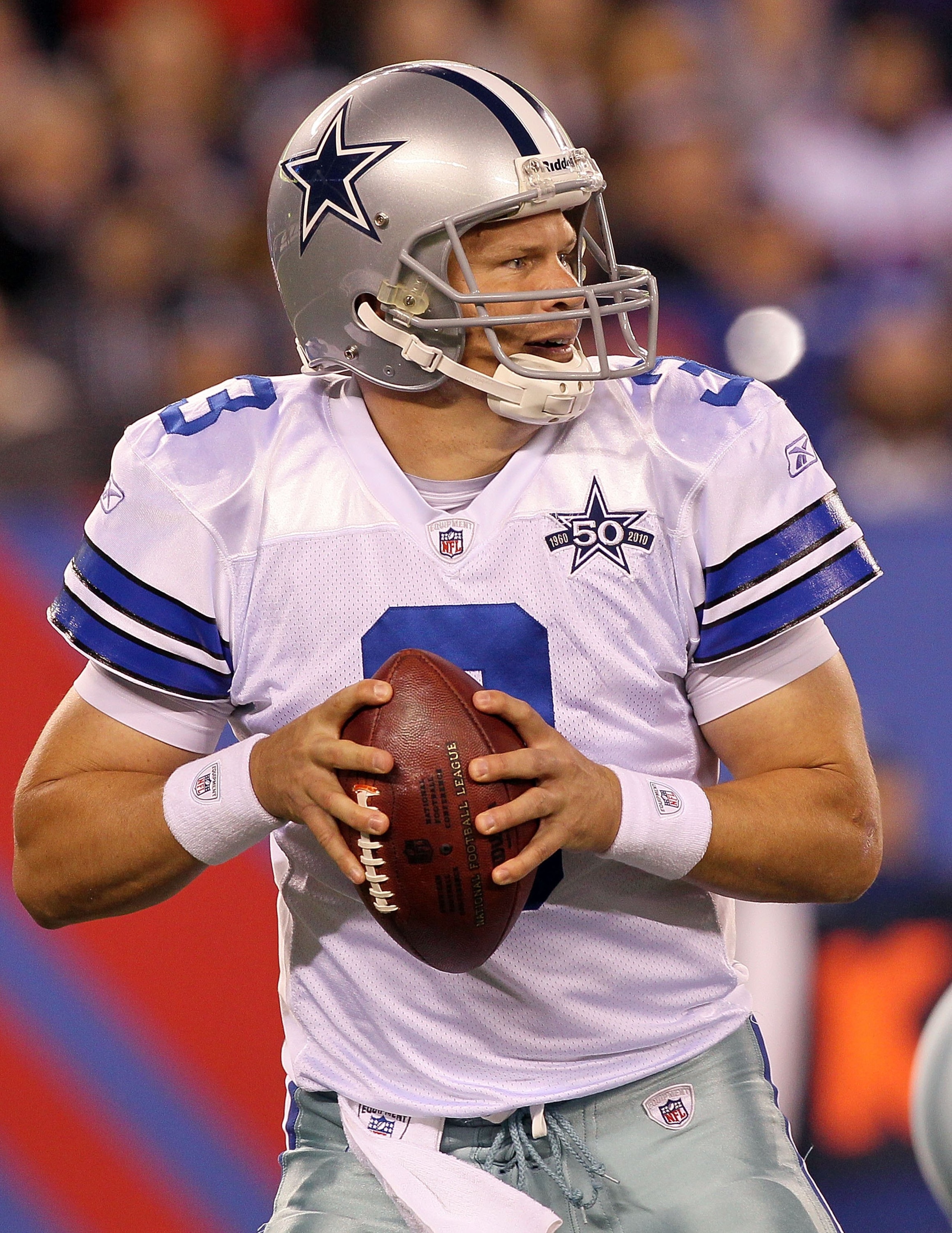 EAST RUTHERFORD, NJ - NOVEMBER 14:  Jon Kitna #3 of the Dallas Cowboys in action against the New York Giants on November 14, 2010 at the New Meadowlands Stadium in East Rutherford, New Jersey. The Cowboys defeated the Giants 33-20.  (Photo by Jim McIsaac/