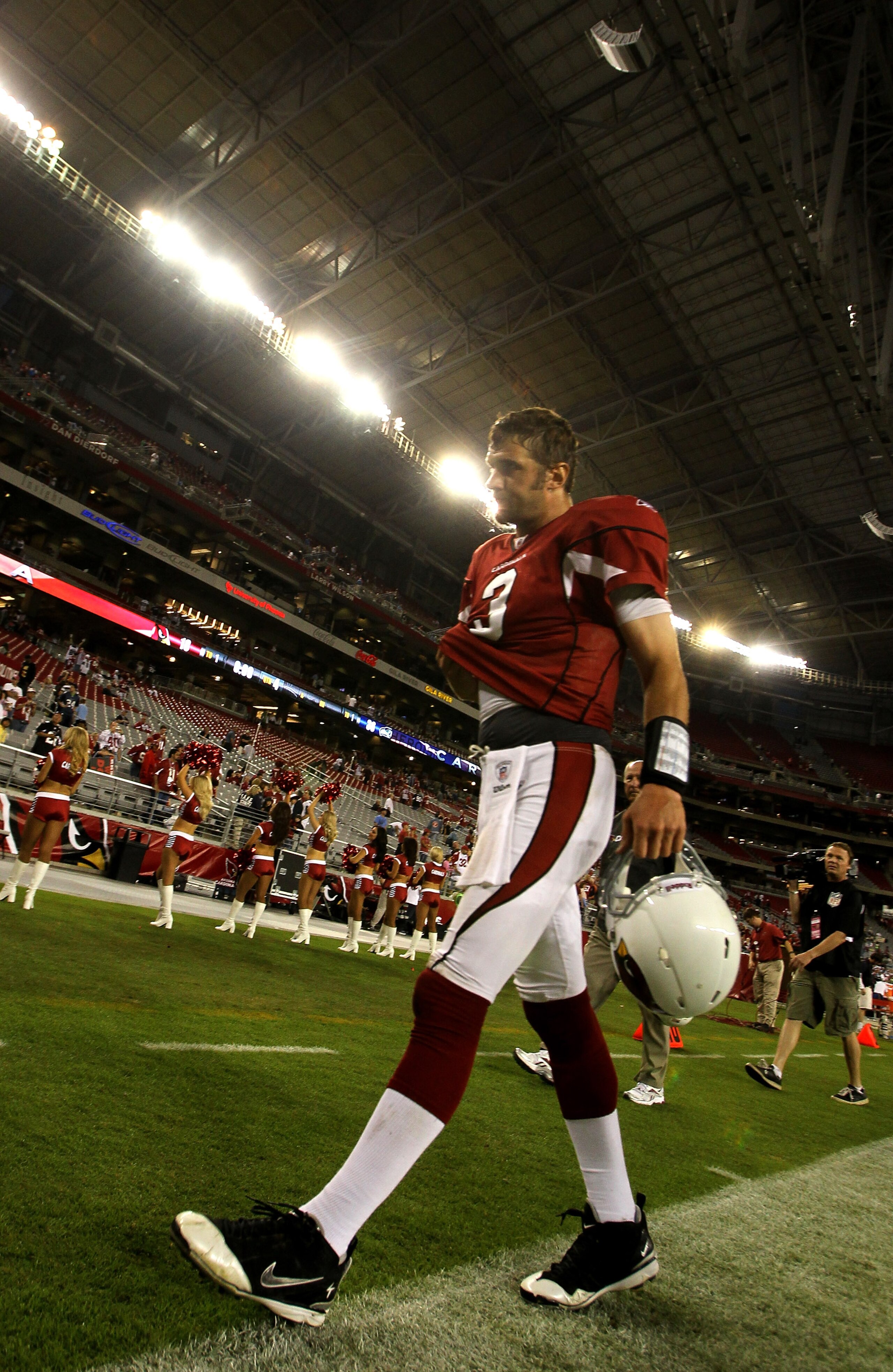 GLENDALE, AZ - NOVEMBER 14:  Quarterback Derek Anderson #3 of the Arizona Cardinals walks off the field after the game with the Seattle Seahawks at University of Phoenix Stadium on November 14, 2010 in Glendale, Arizona. Seattle won 36-18.  (Photo by Step