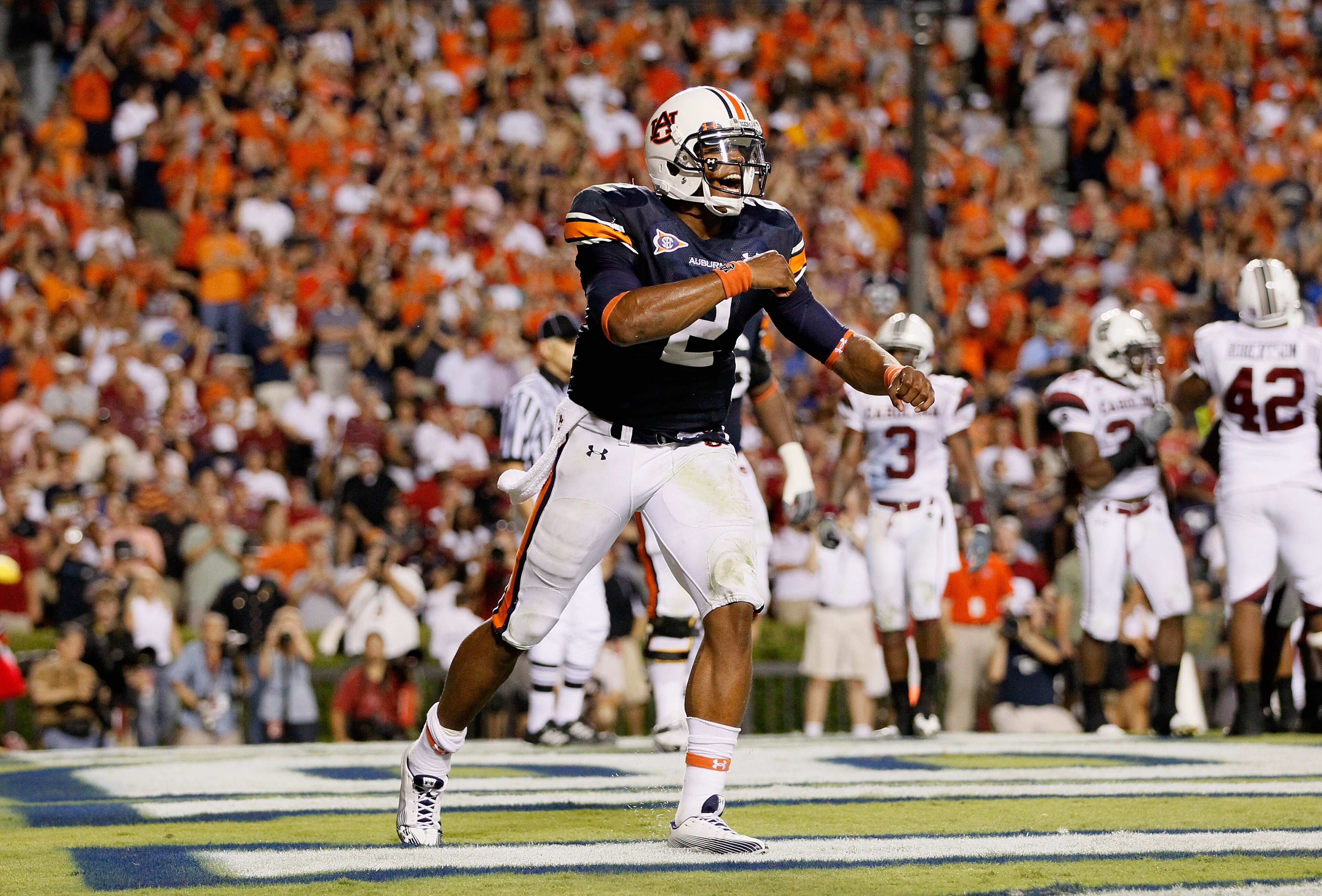 AUBURN, AL - SEPTEMBER 25: Quarterback Cameron Newton #2 of the Auburn Tigers against the South Carolina Gamecocks at Jordan-Hare Stadium on September 25, 2010 in Auburn, Alabama. (Photo by Kevin C. Cox/Getty Images) AUBURN, AL - SEPTEMBER 25: Quarterback Cameron Newton #2 of the Auburn Tigers against the South Carolina Gamecocks at Jordan-Hare Stadium on September 25, 2010 in Auburn, Alabama. (Photo by Kevin C. Cox/Getty Images)