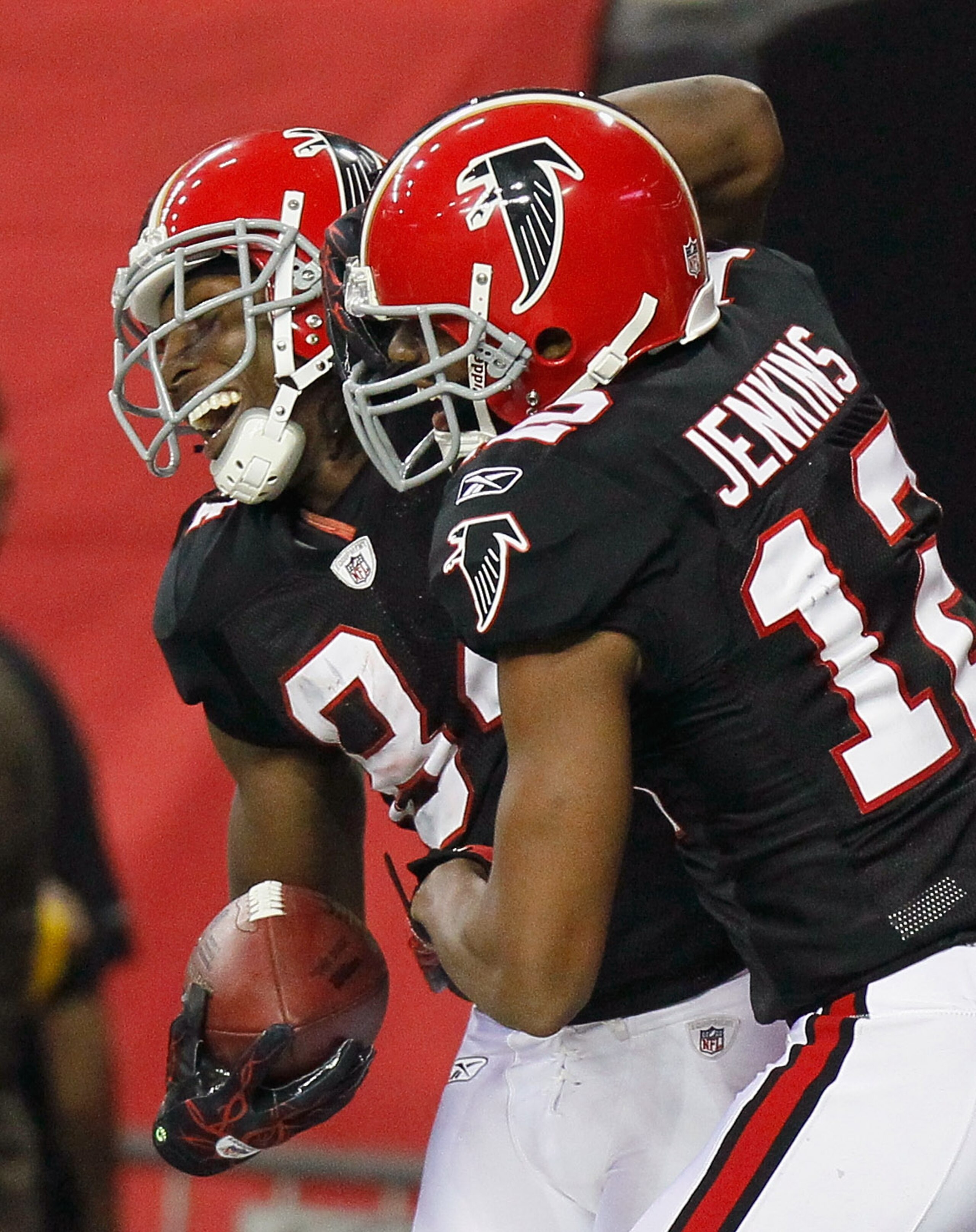 ATLANTA - NOVEMBER 11: Roddy White #84 and Michael Jenkins #12 of the Atlanta Falcons react after White's touchdown reception in the final seconds against the Baltimore Ravens at Georgia Dome on November 11, 2010 in Atlanta, Georgia. (Photo by Kevin C. ATLANTA - NOVEMBER 11: Roddy White #84 and Michael Jenkins #12 of the Atlanta Falcons react after White's touchdown reception in the final seconds against the Baltimore Ravens at Georgia Dome on November 11, 2010 in Atlanta, Georgia. (Photo by Kevin C.