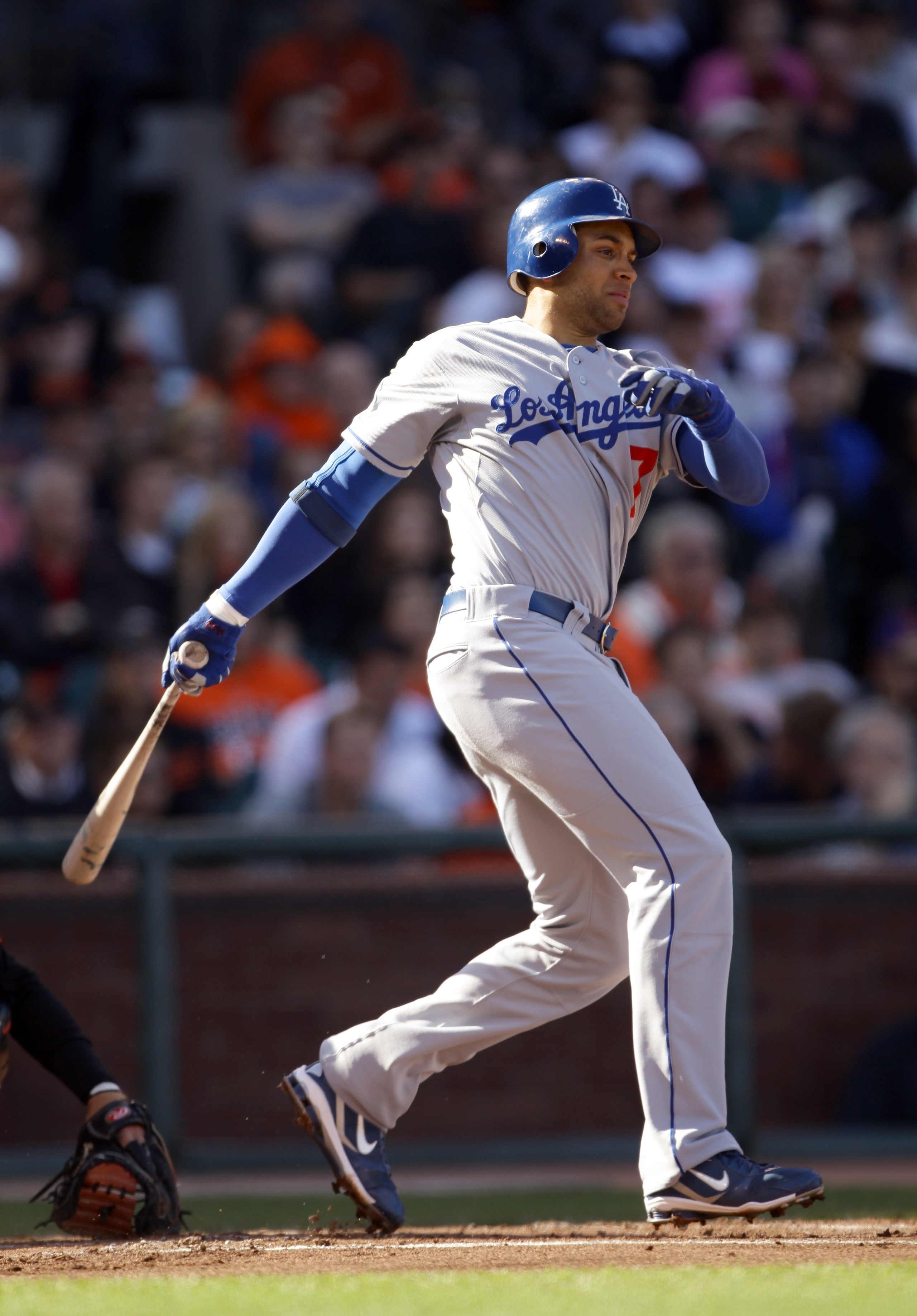 SAN FRANCISCO - AUGUST 01:  James Loney #7 of the Los Angeles Dodgers bats against the San Francisco Giants at AT&T Park on August 1, 2010 in San Francisco, California.  (Photo by Ezra Shaw/Getty Images)