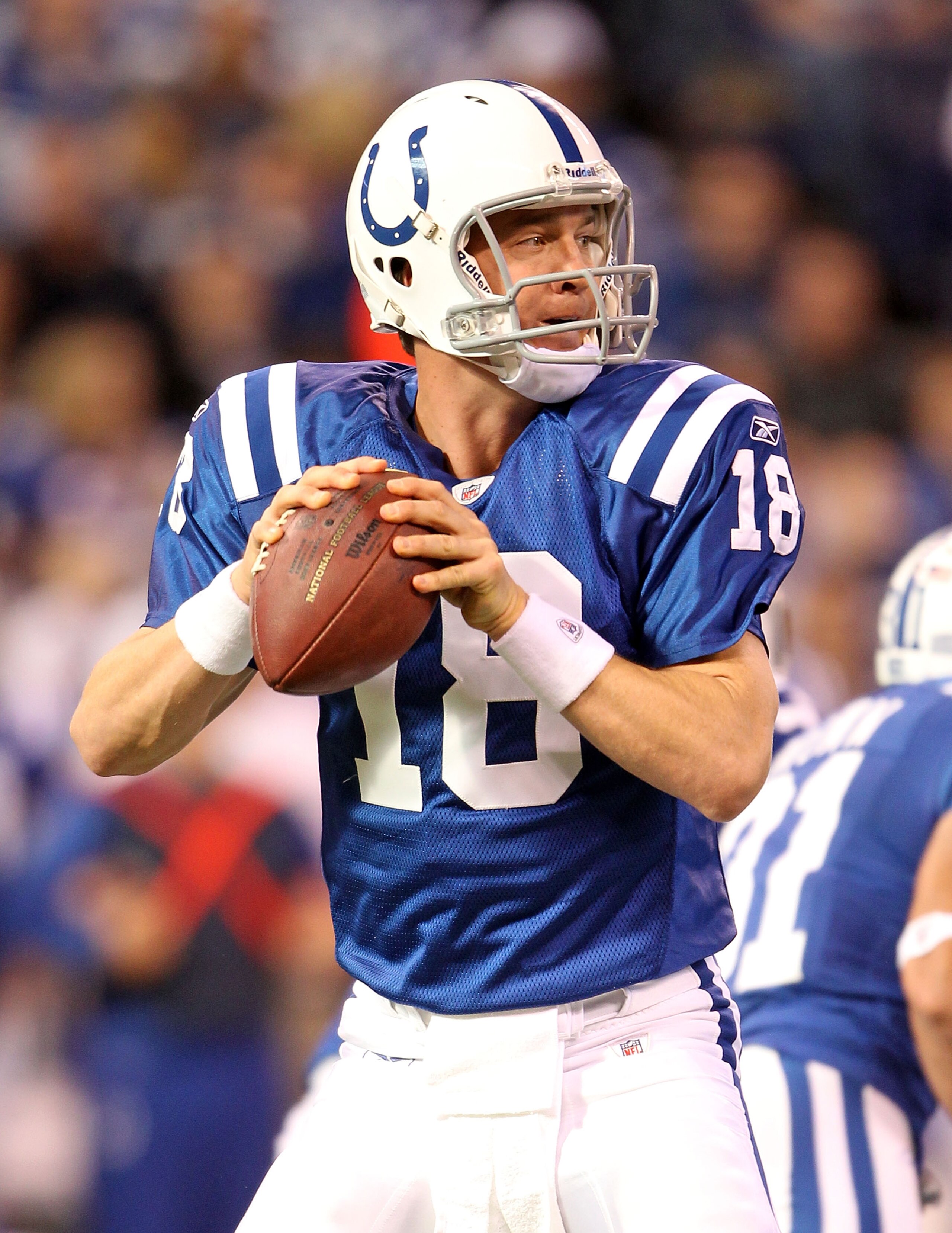 INDIANAPOLIS - NOVEMBER 14:  Peyton Manning #18 of the Indianapolis Colts looks to throw a pass during the NFL game against the Cincinnati Bengals at Lucas Oil Stadium on November 14, 2010 in Indianapolis, Indiana. The Colts won 23-17.  (Photo by Andy Lyo