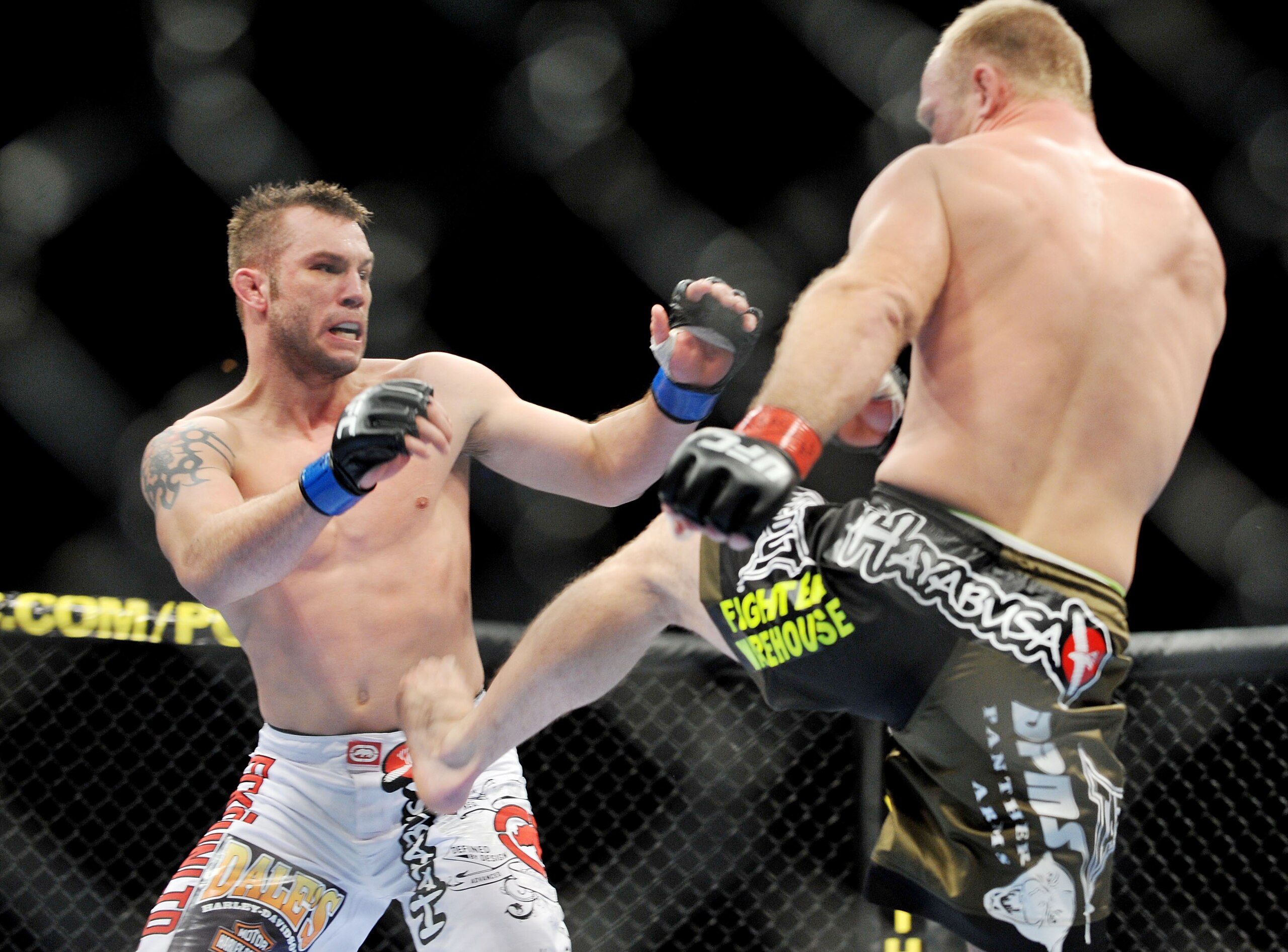LAS VEGAS - NOVEMBER 21: Brian Foster (L) battles Brock Larson (R) during their Welterweight Fight at the UFC 106 at Mandalay Bay Events Center on November 21, 2009 in Las Vegas, Nevada. (Photo by Jon Kopaloff/Getty Images)