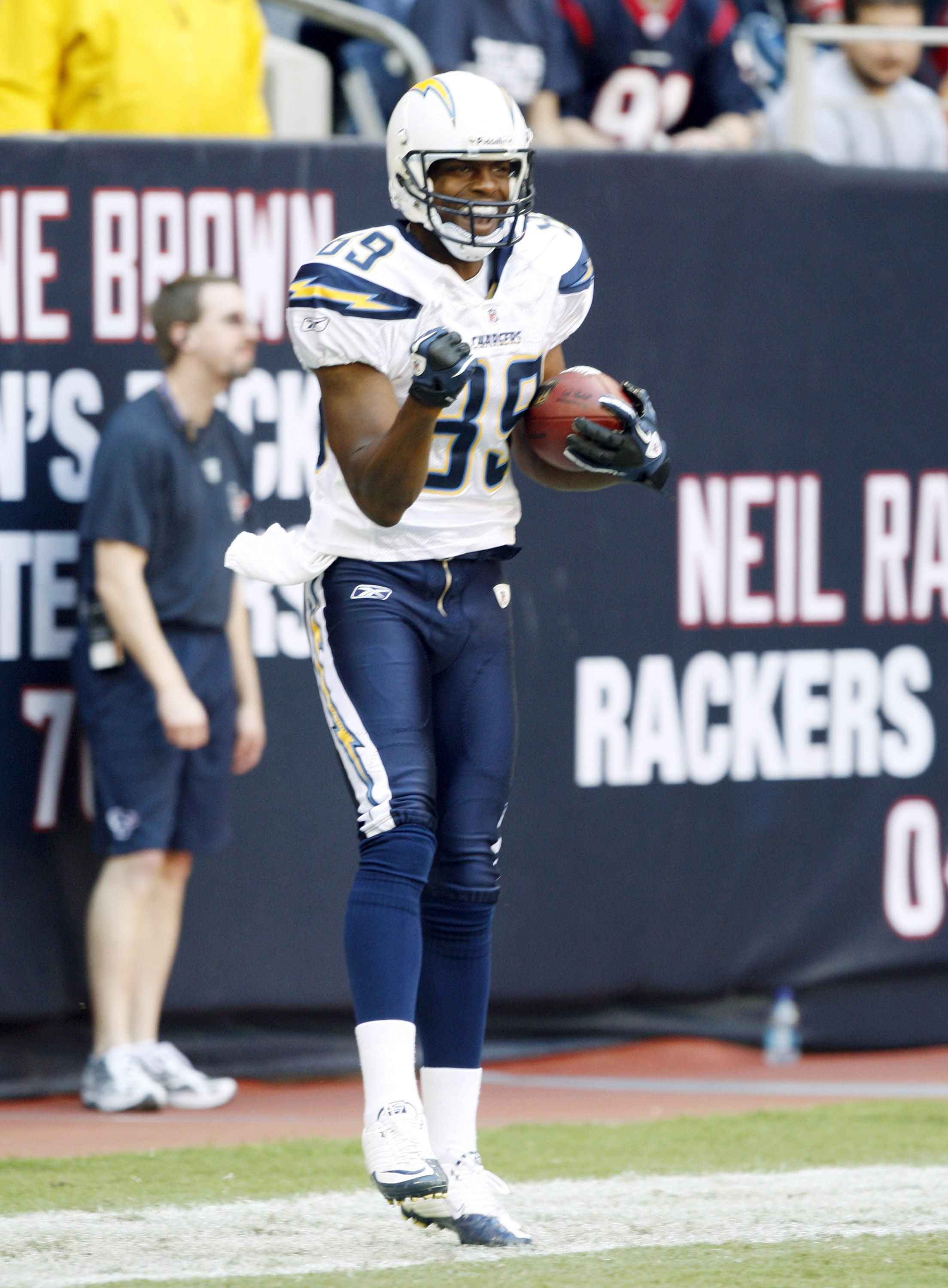 HOUSTON - NOVEMBER 07:  Wide receiver Seyi Ajirotutu #89 of the San Diego Chargers celebrates after a touchdown in the first quarter against the Houston Texans at Reliant Stadium on November 7, 2010 in Houston, Texas.  (Photo by Bob Levey/Getty Images)