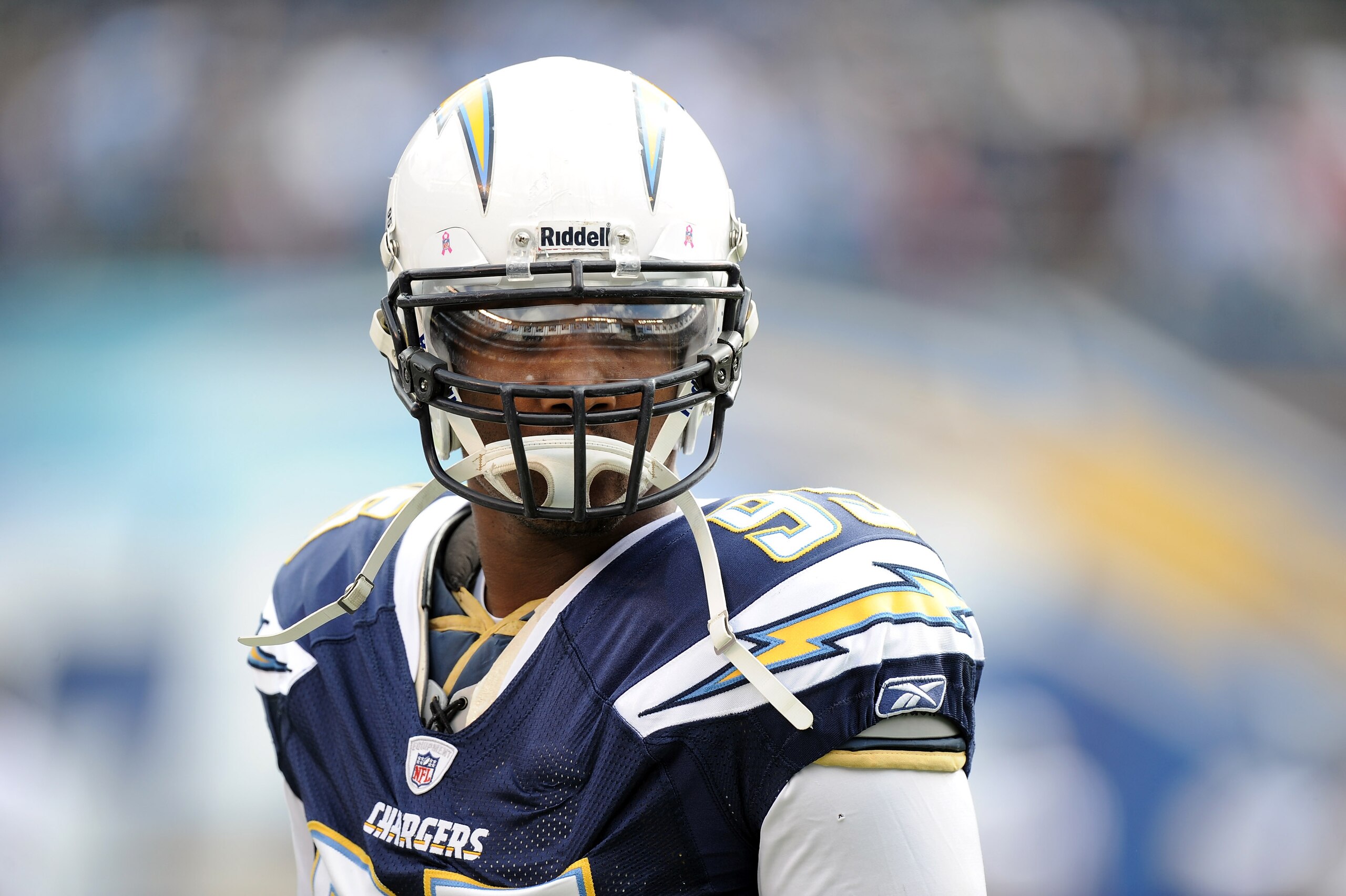SAN DIEGO - OCTOBER 24:  Shaun Phillips #95 of the San Diego Chargers during warm up against the New England Patriots at Qualcomm Stadium on October 24, 2010 in San Diego, California.  (Photo by Harry How/Getty Images)