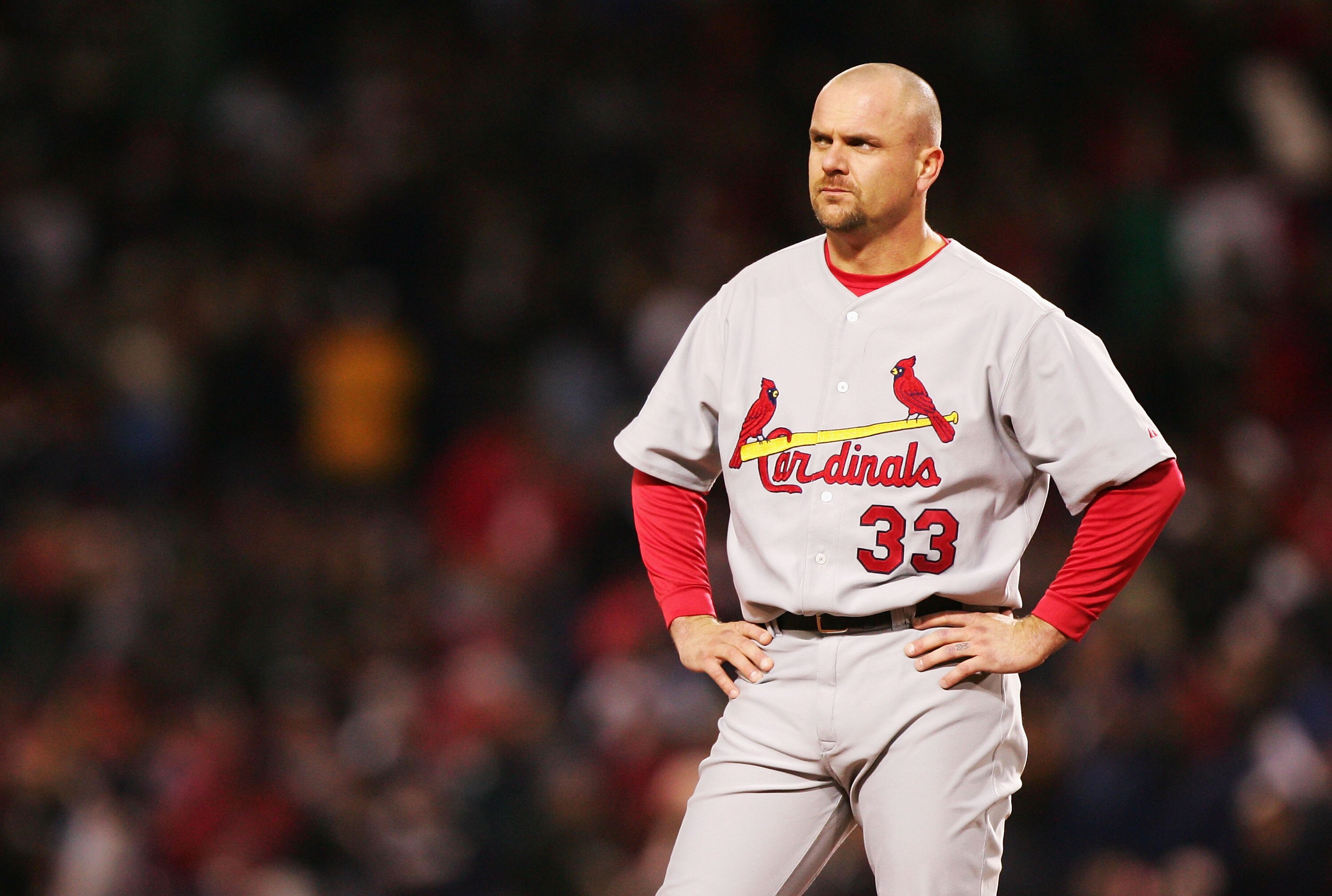 BOSTON - OCTOBER 23:  Larry Walker #33 of the St. Louis Cardinals is left on base at the end of the sixth inning against the Boston Red Sox during game one of the World Series on October 23, 2004 at Fenway Park in Boston, Massachusetts. (Photo by Jed Jaco