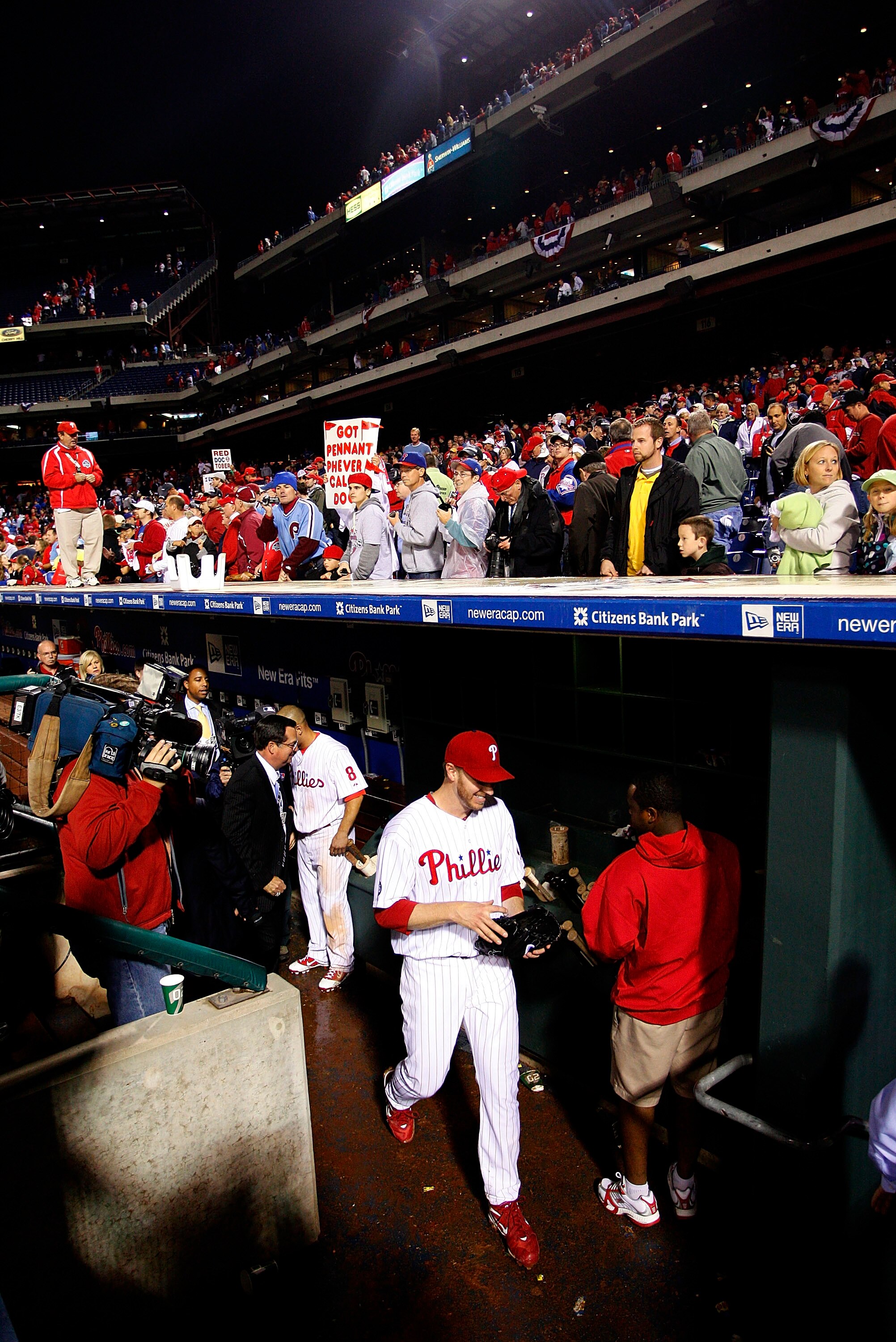 PHILADELPHIA - OCTOBER 06:  Roy Halladay #34 of the Philadelphia Phillies leaves the dugout after pitching a no-hitter in Game 1 of the NLDS against the Cincinnati Reds at Citizens Bank Park on October 6, 2010 in Philadelphia, Pennsylvania.  (Photo by Jef