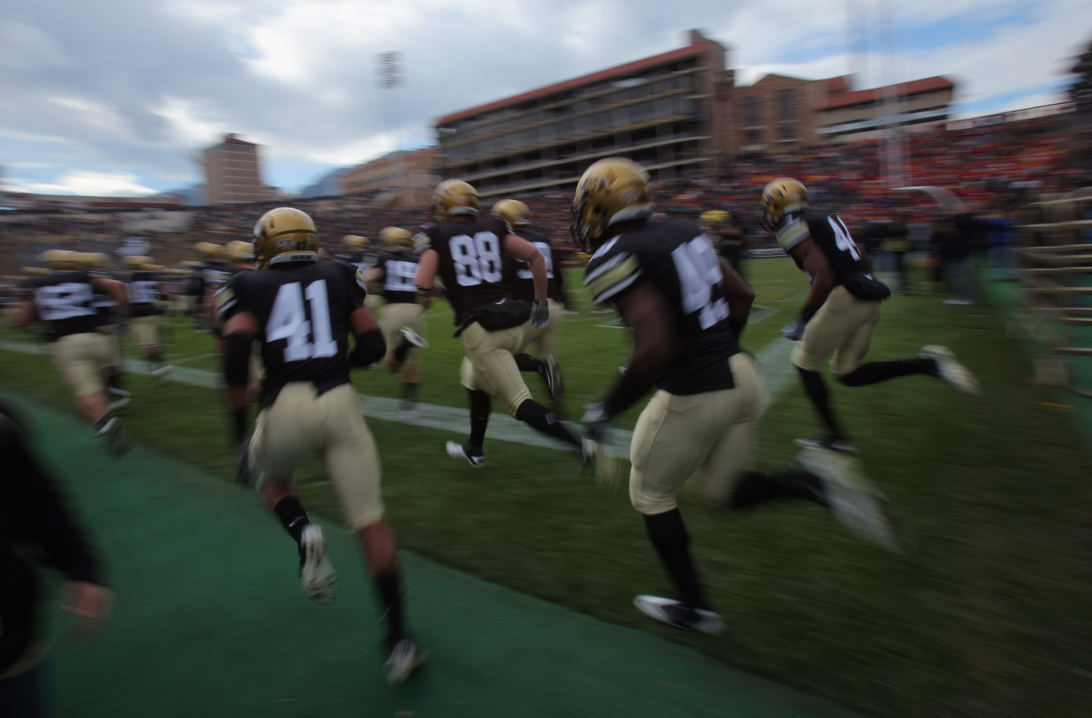 BOULDER, CO - NOVEMBER 13:  The Colorado Buffaloes take the field to face the Iowa State Cyclones at Folsom Field on November 13, 2010 in Boulder, Colorado. Colorado defeated Iowa State 34-14.  (Photo by Doug Pensinger/Getty Images)