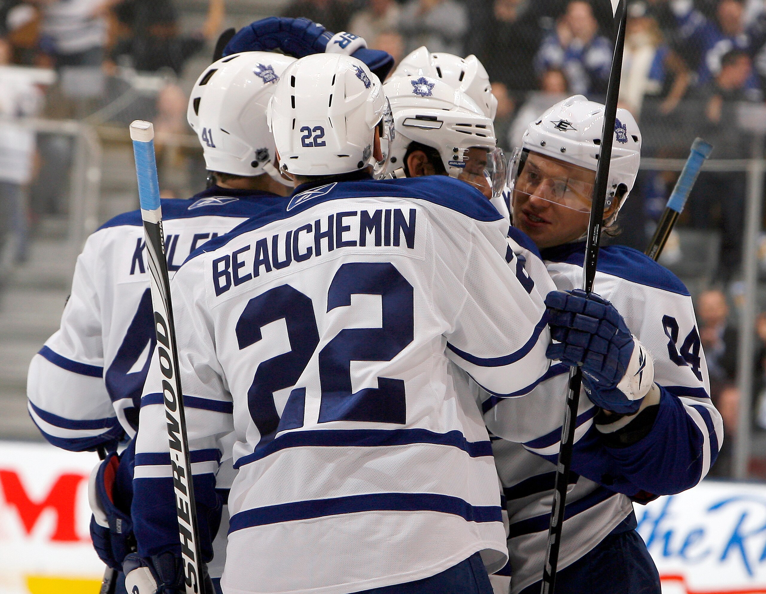 TORONTO - NOVEMBER 18: The Toronto Maple Leafs celebrate Mikhail Grabovski goal against the New Jersey Devils during game action at the Air Canada Centre November 18, 2010 in Toronto, Ontario, Canada. (Photo by Abelimages/Getty Images)