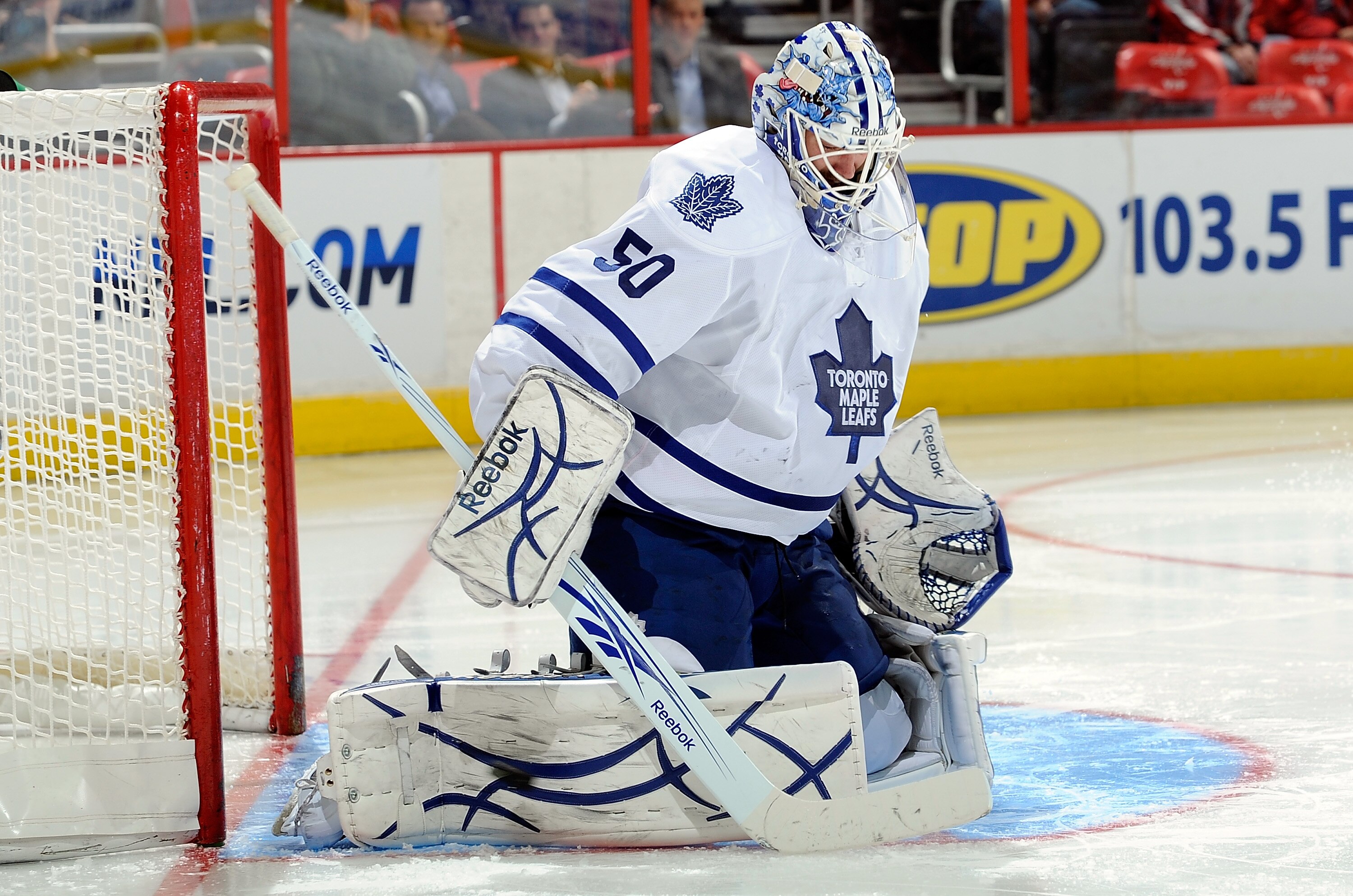 WASHINGTON - NOVEMBER 03:  Jonas Gustavsson #50 of the Toronto Maple Leafs makes a save against the Washington Capitals at the Verizon Center on November 3, 2010 in Washington, DC.  (Photo by Greg Fiume/Getty Images)