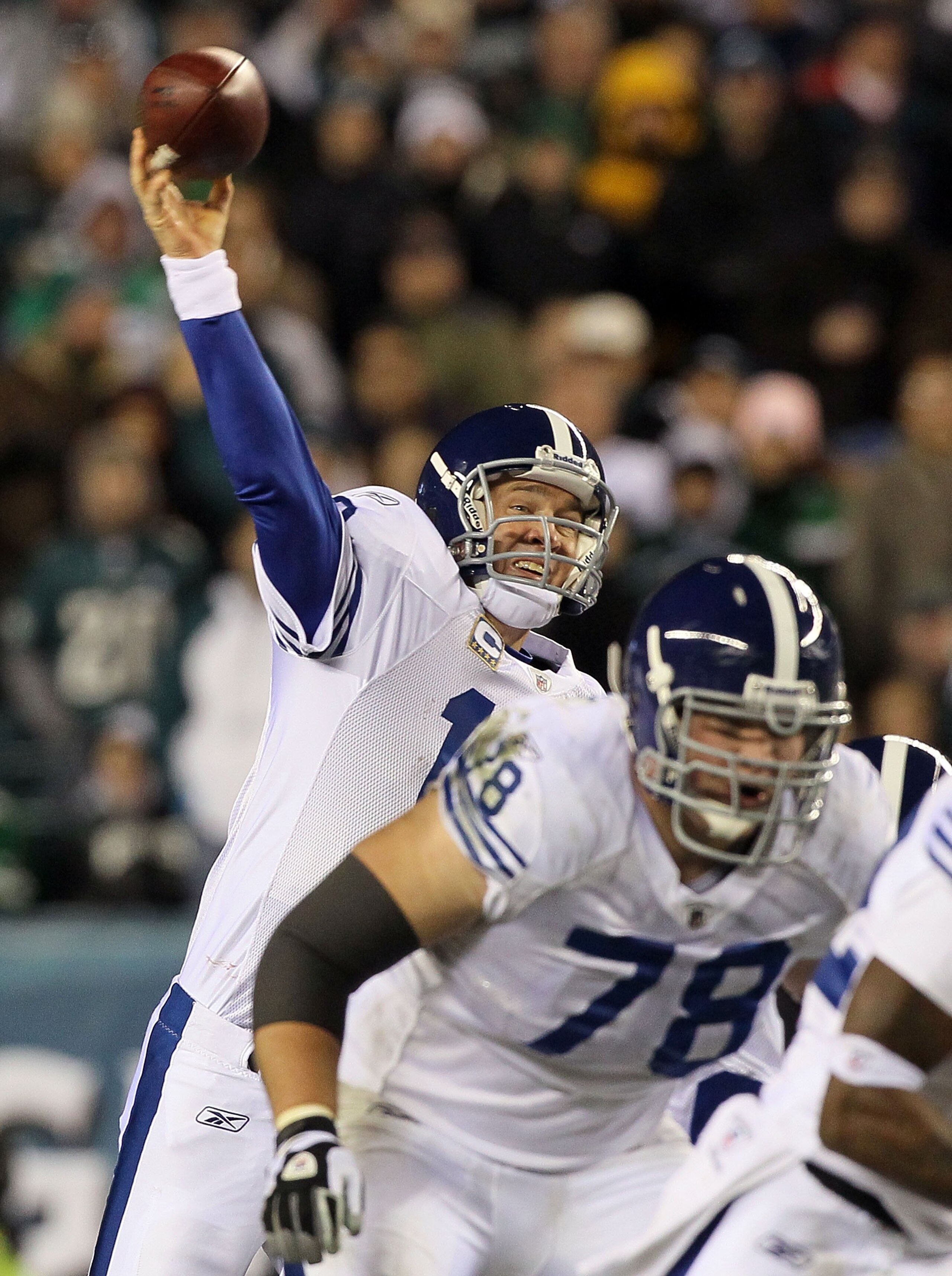PHILADELPHIA - NOVEMBER 07:  Peyton Manning #18 of the Indianapolis Colts in action against the Philadelphia Eagles on November 7, 2010 at Lincoln Financial Field in Philadelphia, Pennsylvania. The Eagles defeated the Colts 26-24.  (Photo by Jim McIsaac/G