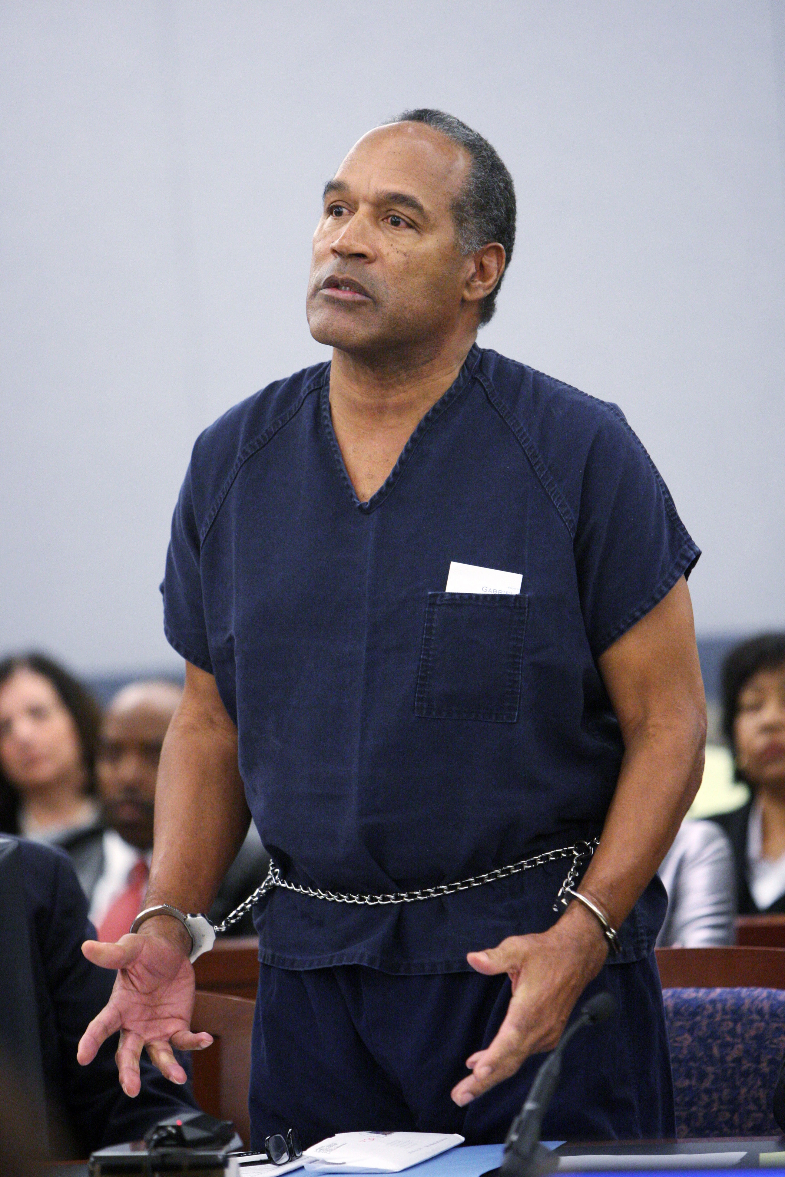 LAS VEGAS - DECEMBER 5:  OJ Simpson speaks in court prior to his sentencing at the Clark County Regional Justice Center December 5, 2008 in Las Vegas, Nevada.  Simpson and co-defendant Clarence 'C.J.' Stewart were sentenced on 12 charges, including felony