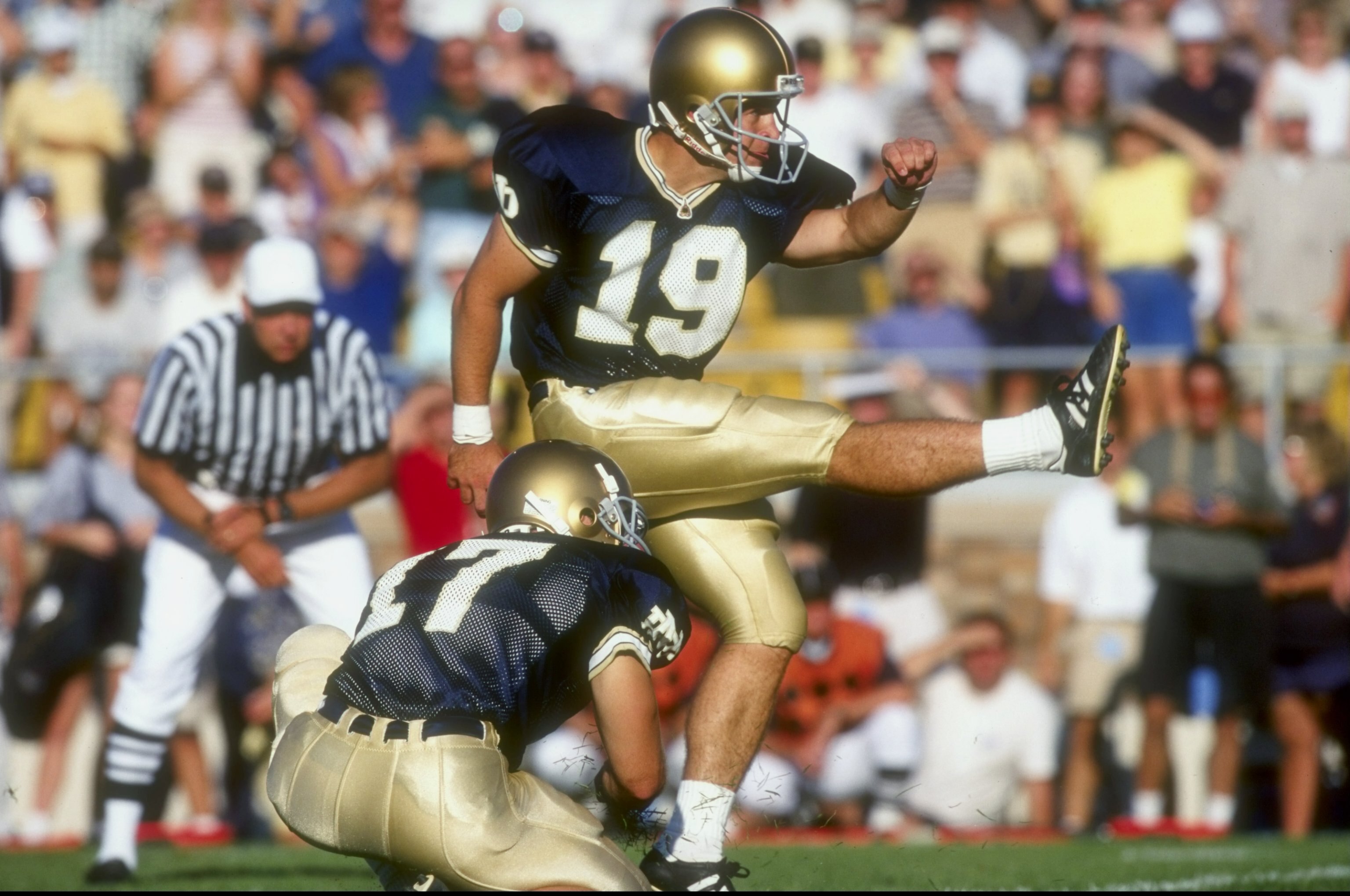 5 Sep 1998:  Place kicker Jim Sanson #19 of the Notre Dame Fighting Irish in action during a game against the Michigan Wolverines at the Notre Dame Stadium in South Bend, Indiana. The Fighting Irish defeated the Wolverines 36-20.