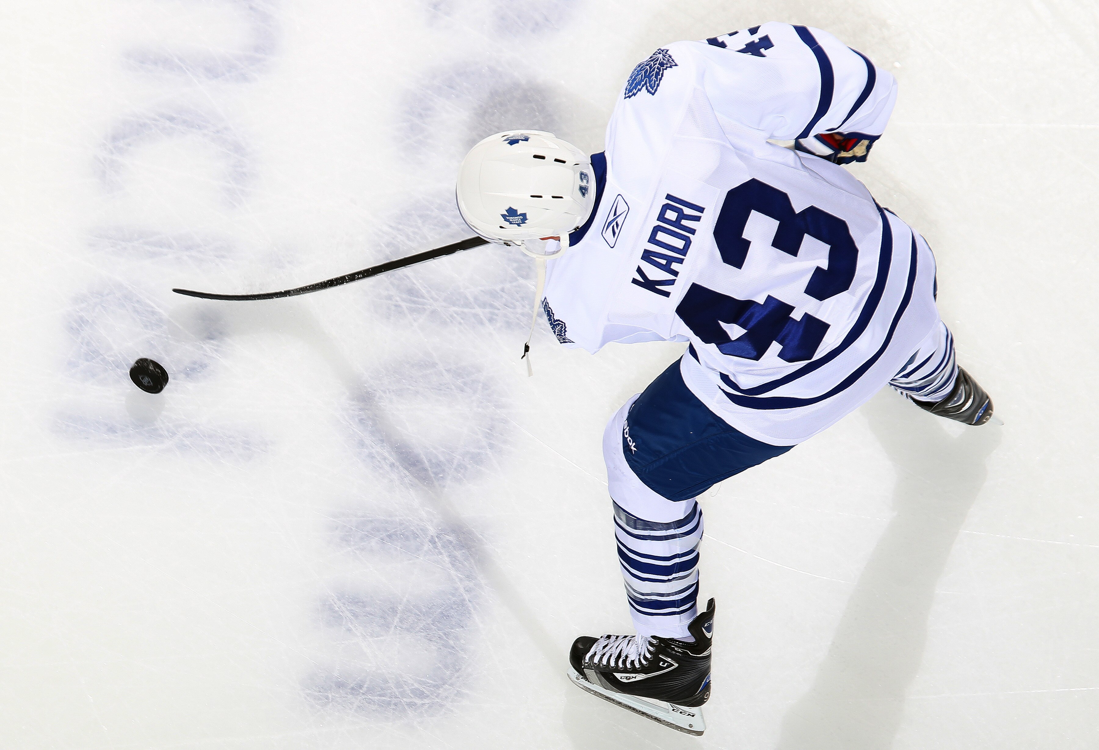 LONDON, CANADA - SEPTEMBER 11:  Nazem Kadri #43 of the Toronto Maple Leafs tries to control the puck in a game against the Chicago Blackhawks during the NHL Rookie Tournament on September 11,2010 at the John Labatt Centre in London, Ontario, Canada. The L