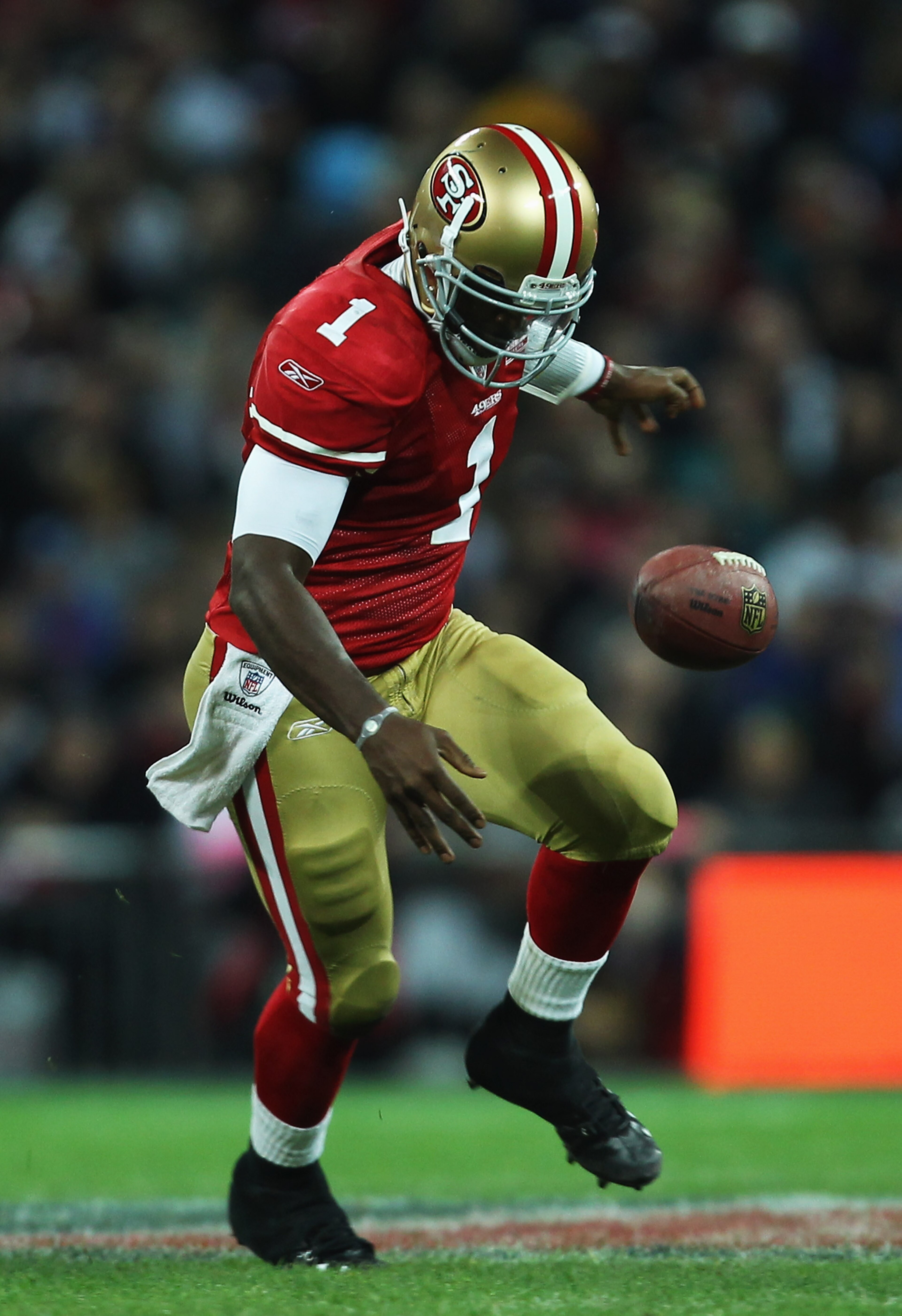 LONDON, ENGLAND - OCTOBER 31:  Troy Smith #1 of San Francisco 49ers under pressure during the NFL International Series match between Denver Broncos and San Francisco 49ers at Wembley Stadium on October 31, 2010 in London, England. This is the fourth occas