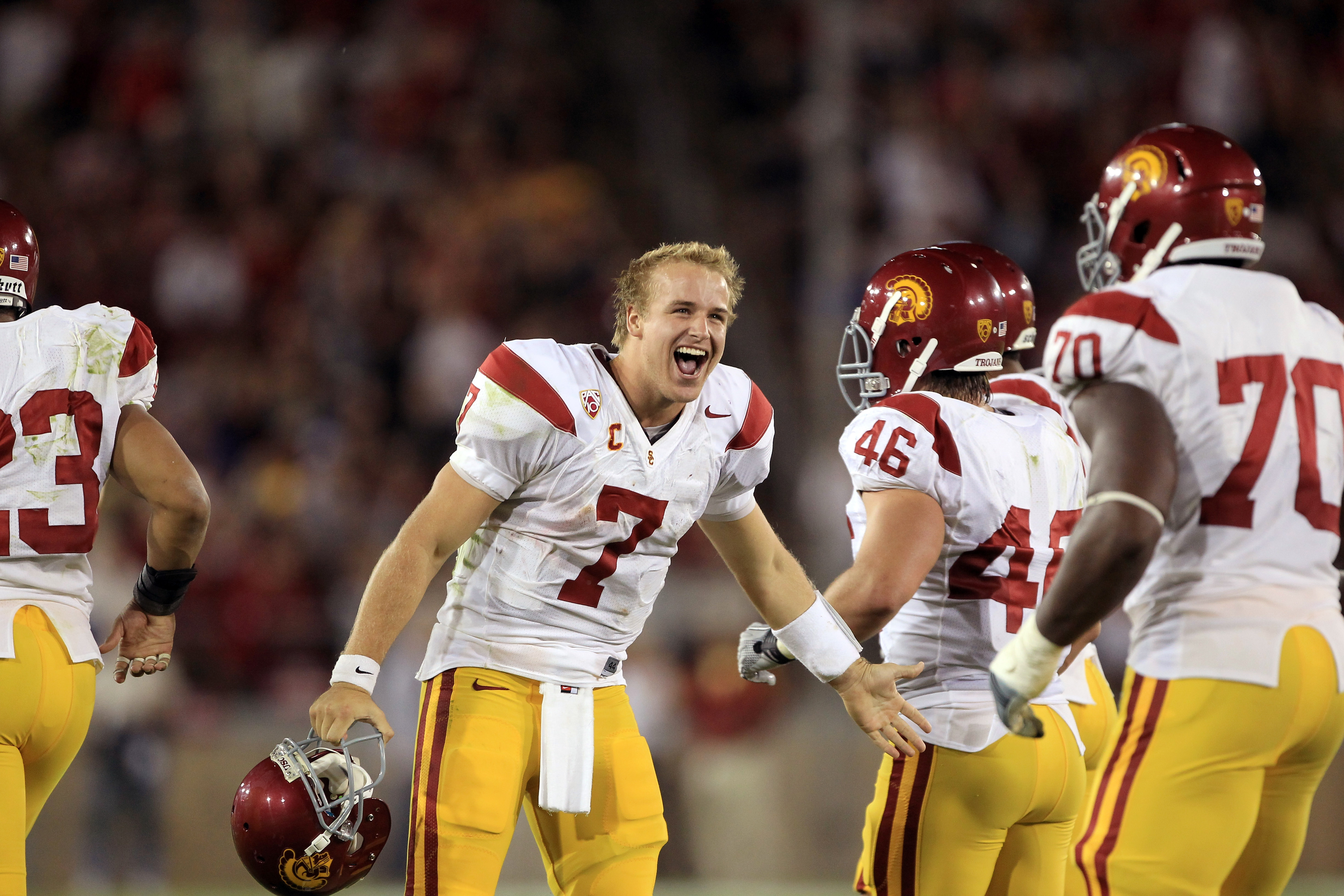 PALO ALTO, CA - OCTOBER 09:  Matt Barkley #7 of the USC Trojans after the Stanford Cardinal missed a extra point attempt at Stanford Stadium on October 9, 2010 in Palo Alto, California.  (Photo by Ezra Shaw/Getty Images)