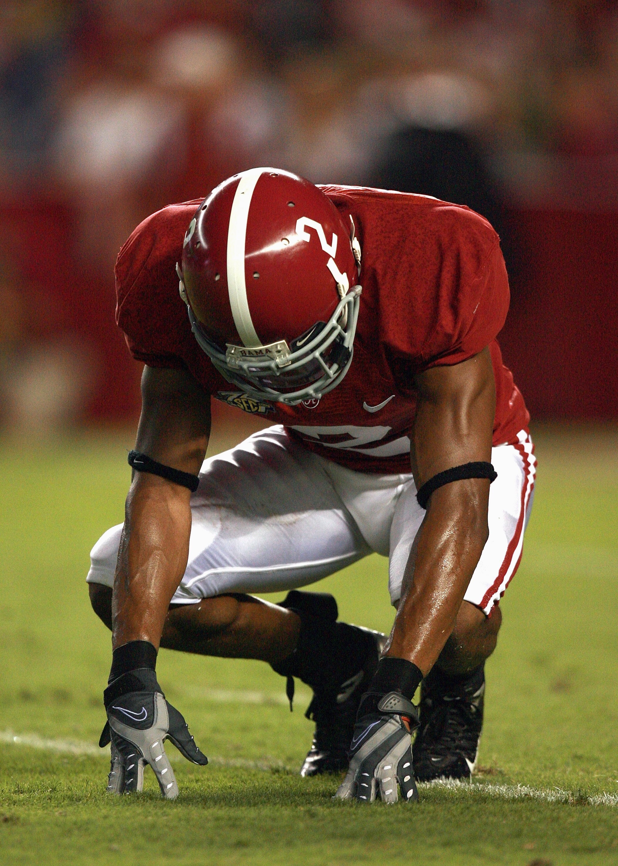 TUSCALOOSA, AL - SEPTEMBER 22: Simeon Castille #2 of the Alabama Crimson Tide kneels on the field against the Georgia Bulldogs at Bryant-Denny Stadium September 22, 2007 in Tuscaloosa, Alabama. Georgia defeated Alabama 26-23 in overtime. (Photo by Doug Be