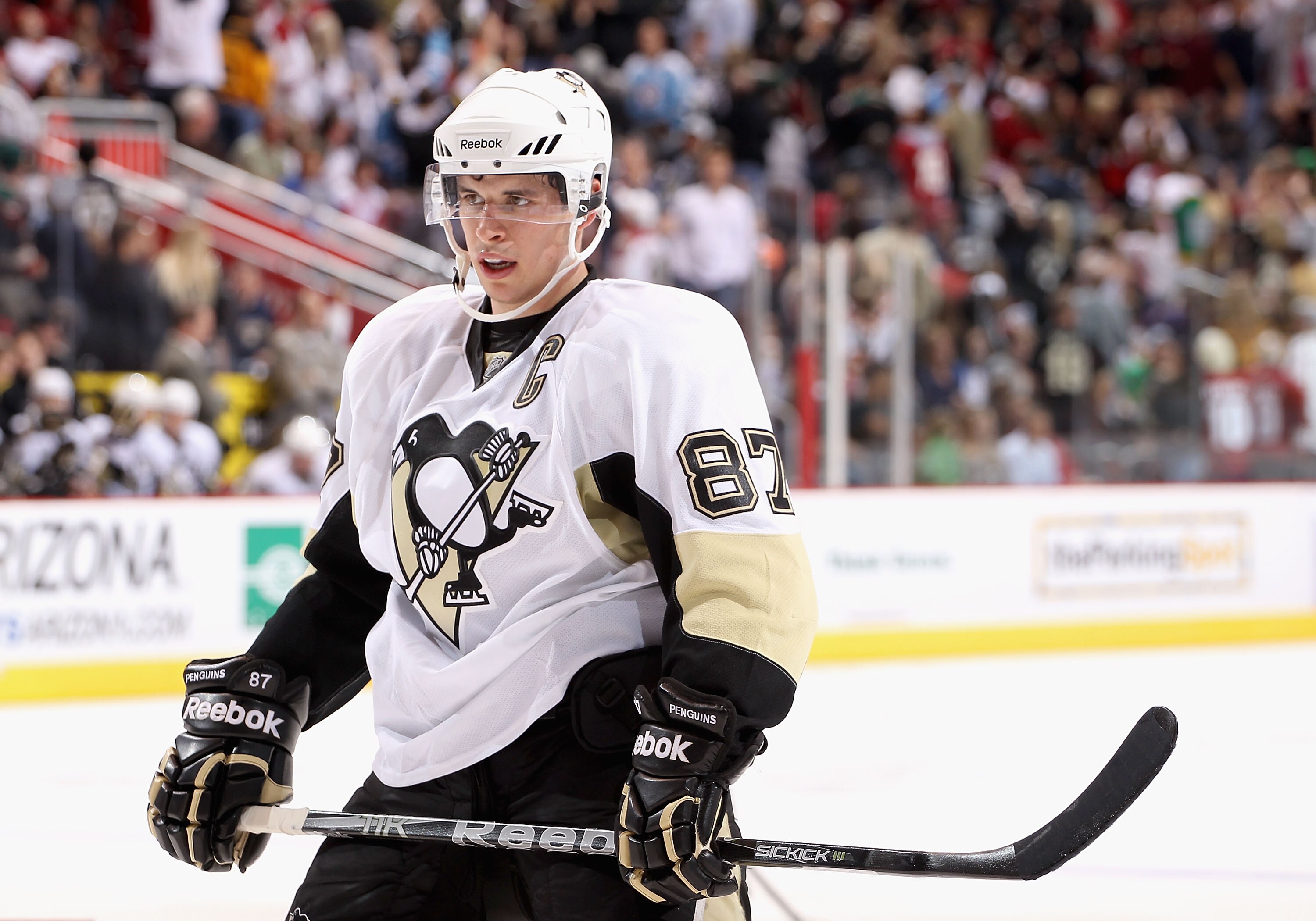 GLENDALE, AZ - NOVEMBER 06:  Sidney Crosby #87 of the Pittsburgh Penguins skates up to a face off during the NHL game against the Phoenix Coyotes at Jobing.com Arena on November 6, 2010 in Glendale, Arizona.  The Penguins defeated the Coyotes 4-3 in an ov