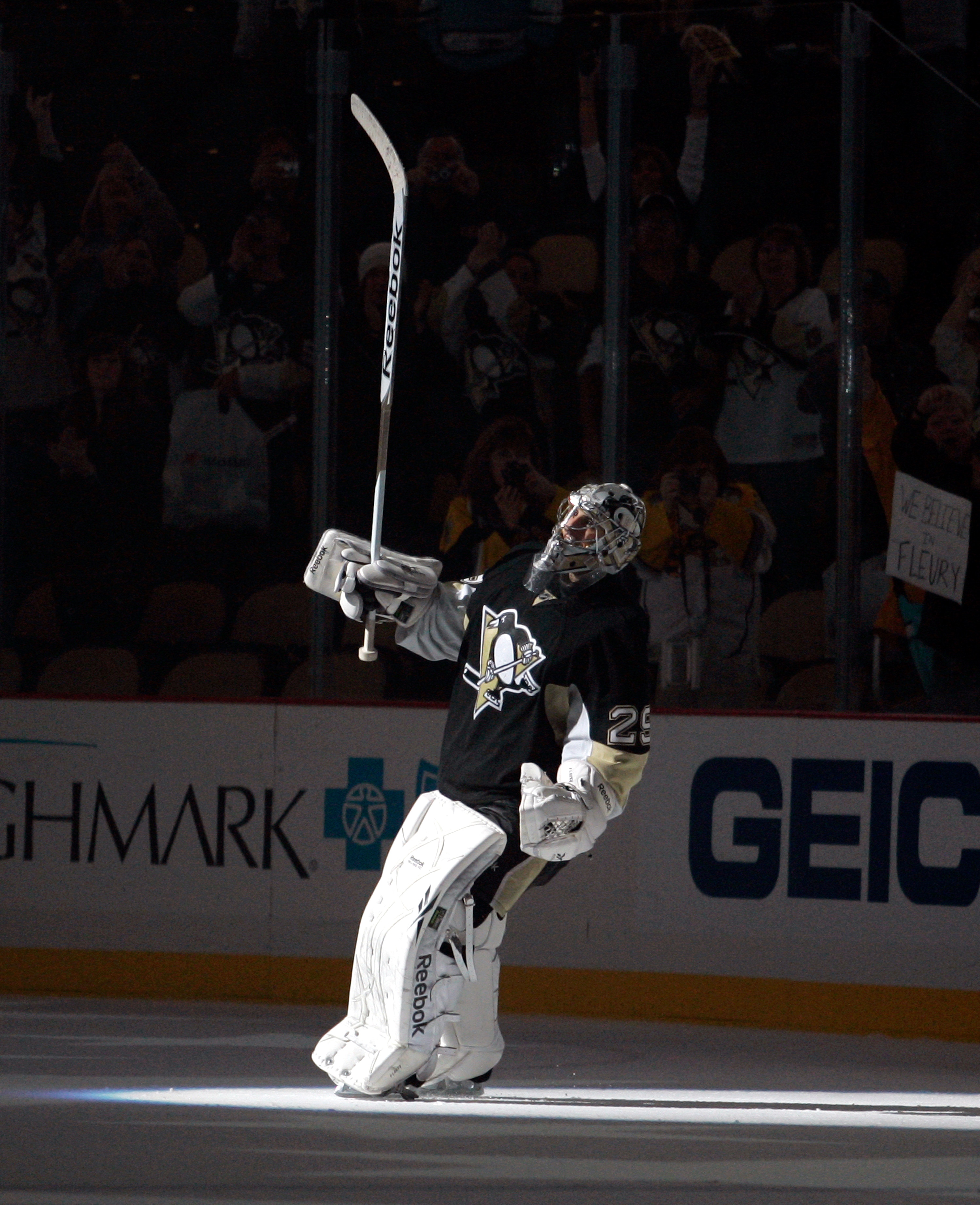 PITTSBURGH - NOVEMBER 12:  Marc-Andre Fleury #29 of the Pittsburgh Penguins salutes the fans after being named the games number one start after defeating the Tampa Bay Lightning at Consol Energy Center on November 12, 2010 in Pittsburgh, Pennsylvania.  Th