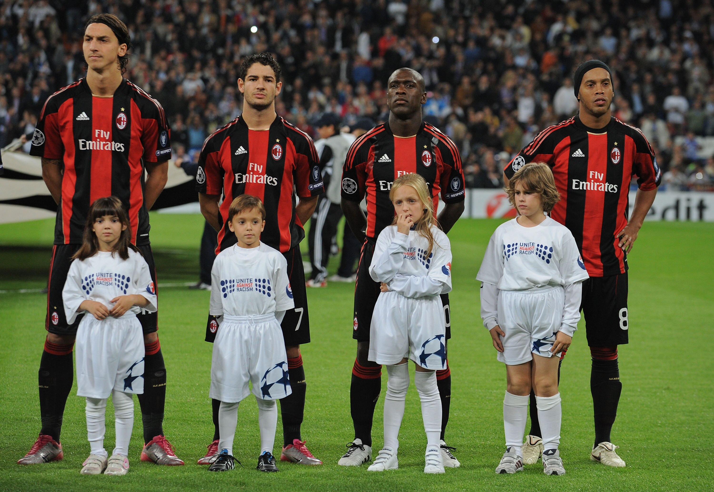 MADRID, SPAIN - OCTOBER 19:  Zlatan Ibrahimovic (L), Pato (2.L), Clarence Seedorf and Ronaldinho lineup before the start of the UEFA Champions League Group G match between Real Madrid and AC Milan at Estadio Santiago Bernabeu on October 19, 2010 in Madrid