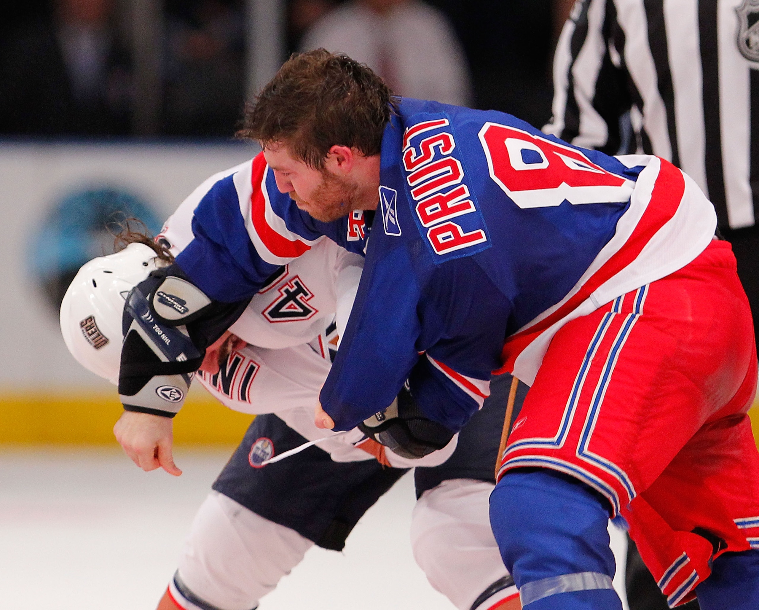 NEW YORK - NOVEMBER 14: Zack Stortini #46 of the Edmonton Oilers fights with Brandon Prust #8 of the New York Rangers defends during a hockey game at Madison Square Garden on November 14, 2010 in New York City. (Photo by Paul Bereswill/Getty Images) NEW YORK - NOVEMBER 14: Zack Stortini #46 of the Edmonton Oilers fights with Brandon Prust #8 of the New York Rangers defends during a hockey game at Madison Square Garden on November 14, 2010 in New York City. (Photo by Paul Bereswill/Getty Images)
