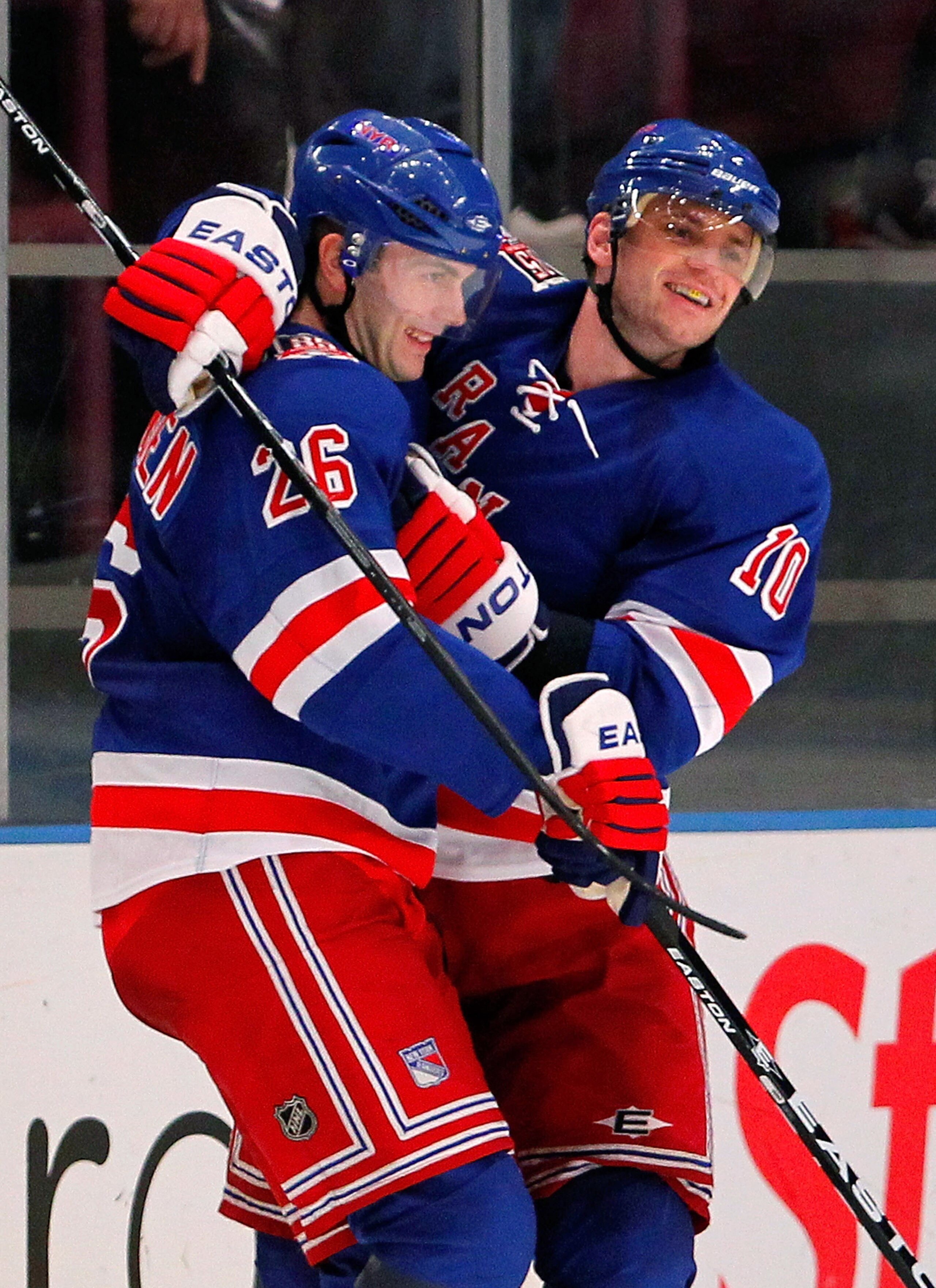 NEW YORK - NOVEMBER 14: Erik Christensen #26 and Marian Gaborik #10 celebrate Gaborik's third goal of the game in the third period of a hockey game against the Edmonton Oilers at Madison Square Garden on November 14, 2010 in New York City. (Photo by Pau NEW YORK - NOVEMBER 14: Erik Christensen #26 and Marian Gaborik #10 celebrate Gaborik's third goal of the game in the third period of a hockey game against the Edmonton Oilers at Madison Square Garden on November 14, 2010 in New York City. (Photo by Pau
