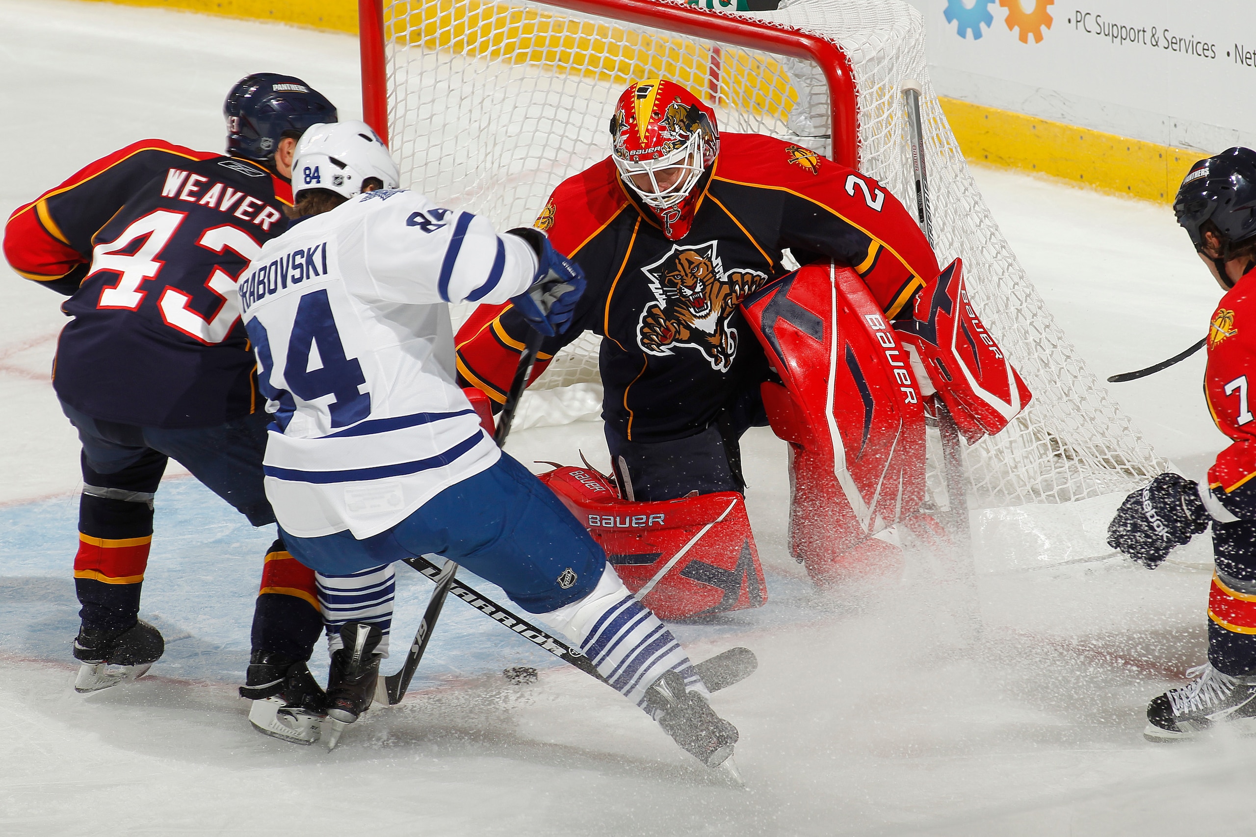 SUNRISE, FL - NOVEMBER 10: Mikhail Grabovski #84 of the Toronto Maple Leafs has his shot on goal blocked by goaltender Tomas Vokoun #29 of the Florida Panthers on November 10, 2010 at the BankAtlantic Center in Sunrise, Florida. (Photo by Joel Auerbach/Ge