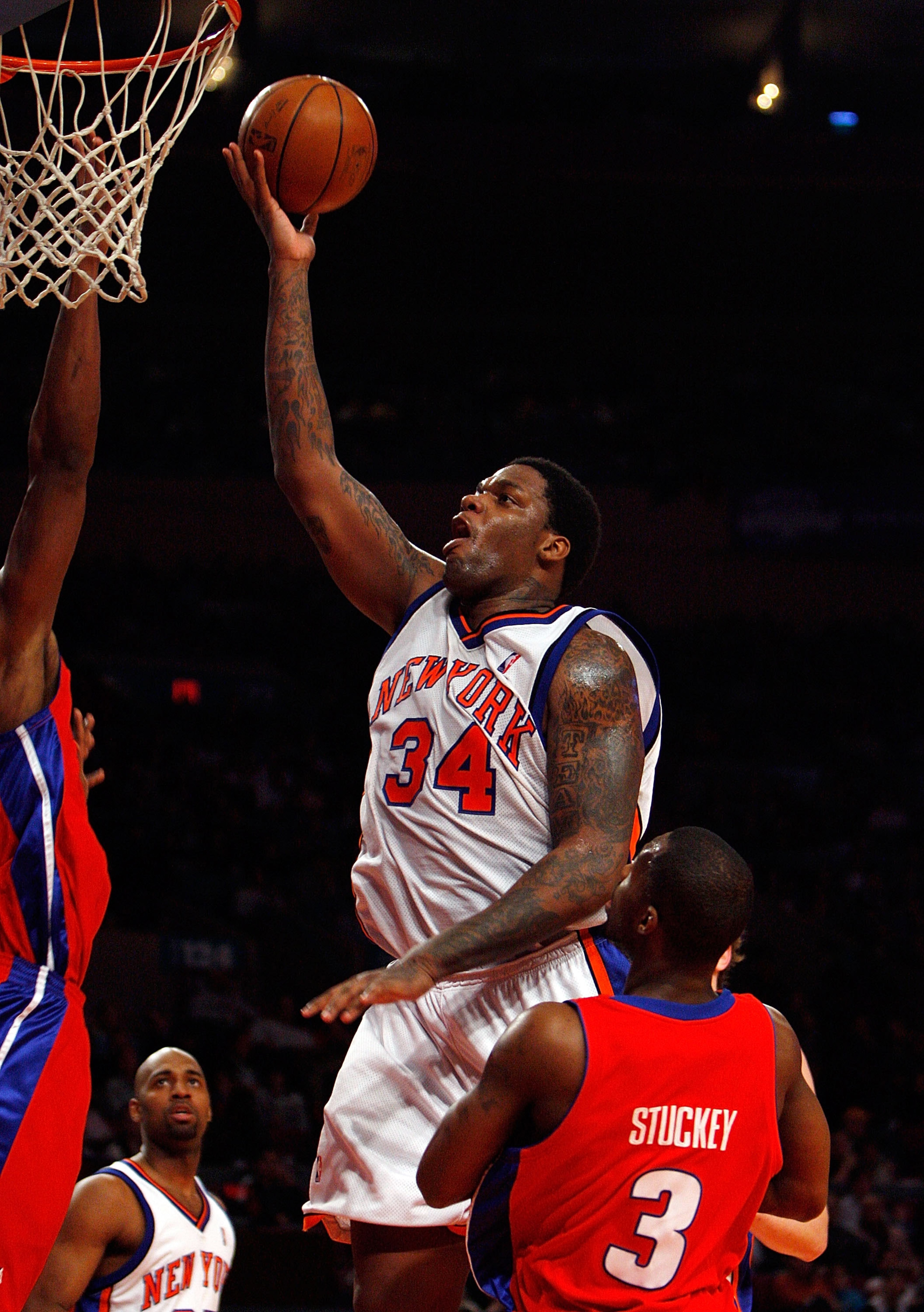 NEW YORK - MARCH 07: Eddy Curry #34 of the New York Knicks lays the ball up against the Detroit Pistons on March 7, 2008 at Madison Square Garden in New York City. NOTE TO USER: User expressly acknowledges and agrees that, by downloading and/or using this