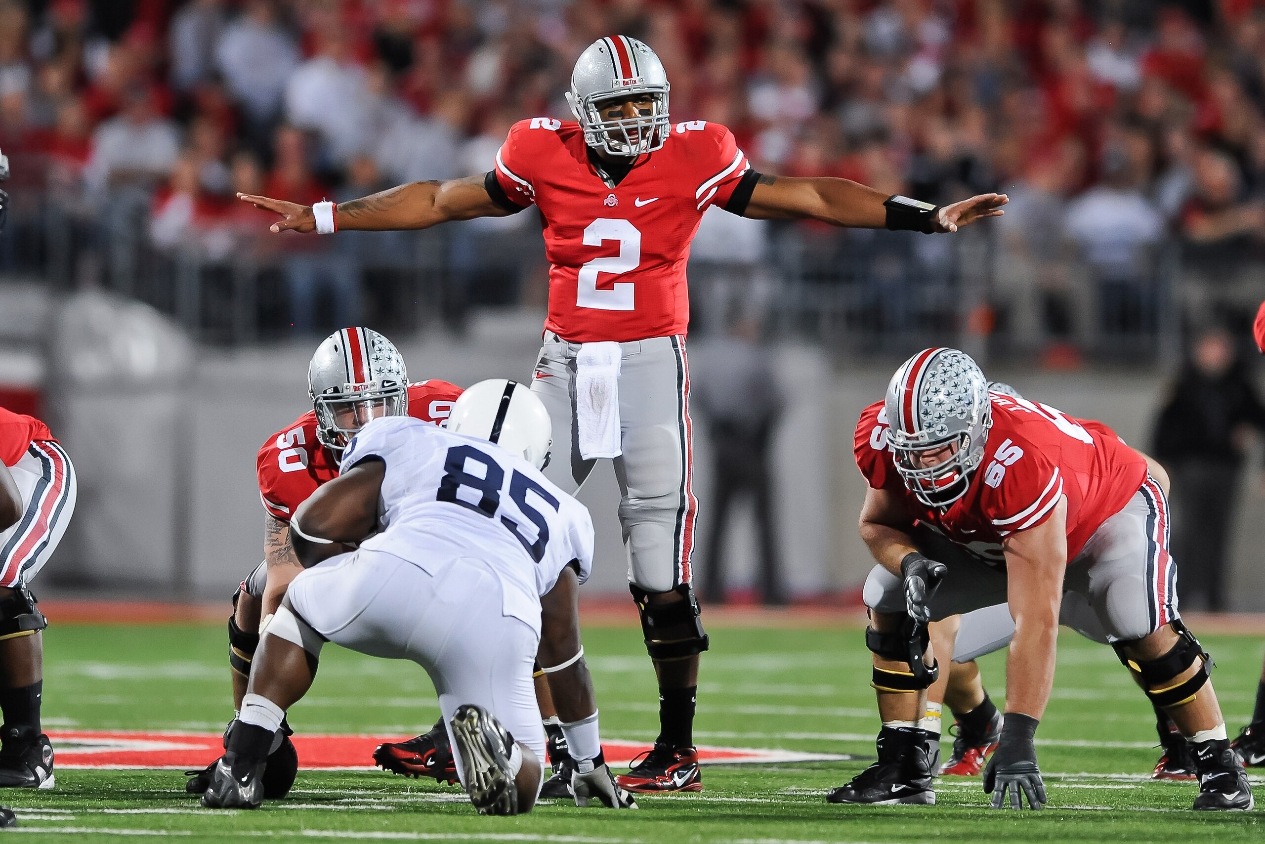 COLUMBUS, OH - NOVEMBER 13: Quarterback Terrelle Pryor #2 of the Ohio State Buckeyes calls signals at the line against the Penn State Nittany Lions at Ohio Stadium on November 13, 2010 in Columbus, Ohio. (Photo by Jamie Sabau/Getty Images) COLUMBUS, OH - NOVEMBER 13: Quarterback Terrelle Pryor #2 of the Ohio State Buckeyes calls signals at the line against the Penn State Nittany Lions at Ohio Stadium on November 13, 2010 in Columbus, Ohio. (Photo by Jamie Sabau/Getty Images)