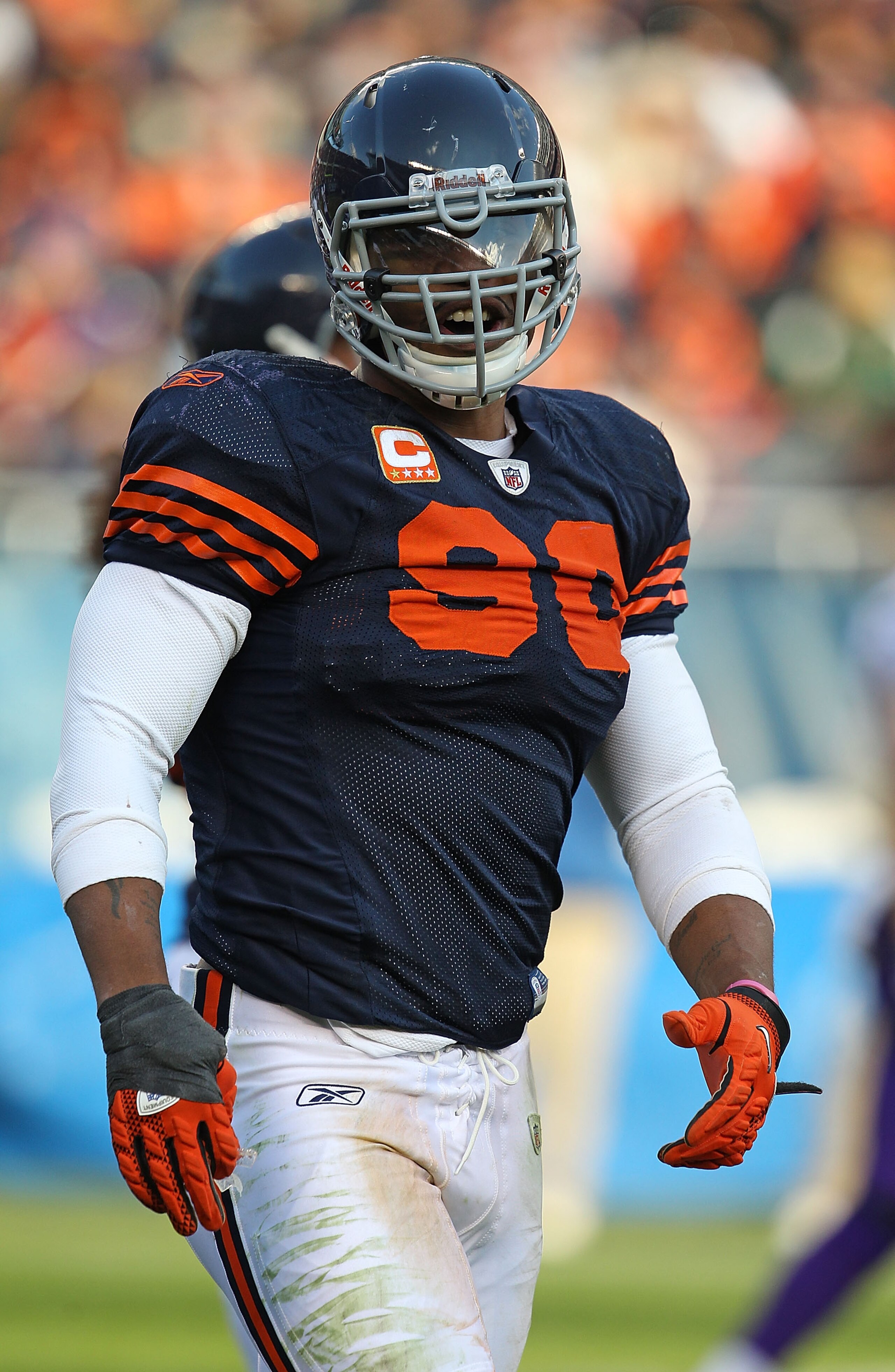 CHICAGO - NOVEMBER 14: Julius Peppers #90 of the Chicago Bears talks to a referee during a game against the Minnesota Vikings at Soldier Field on November 14, 2010 in Chicago, Illinois. The Bears defeated the Vikings 27-13. (Photo by Jonathan Daniel/Getty