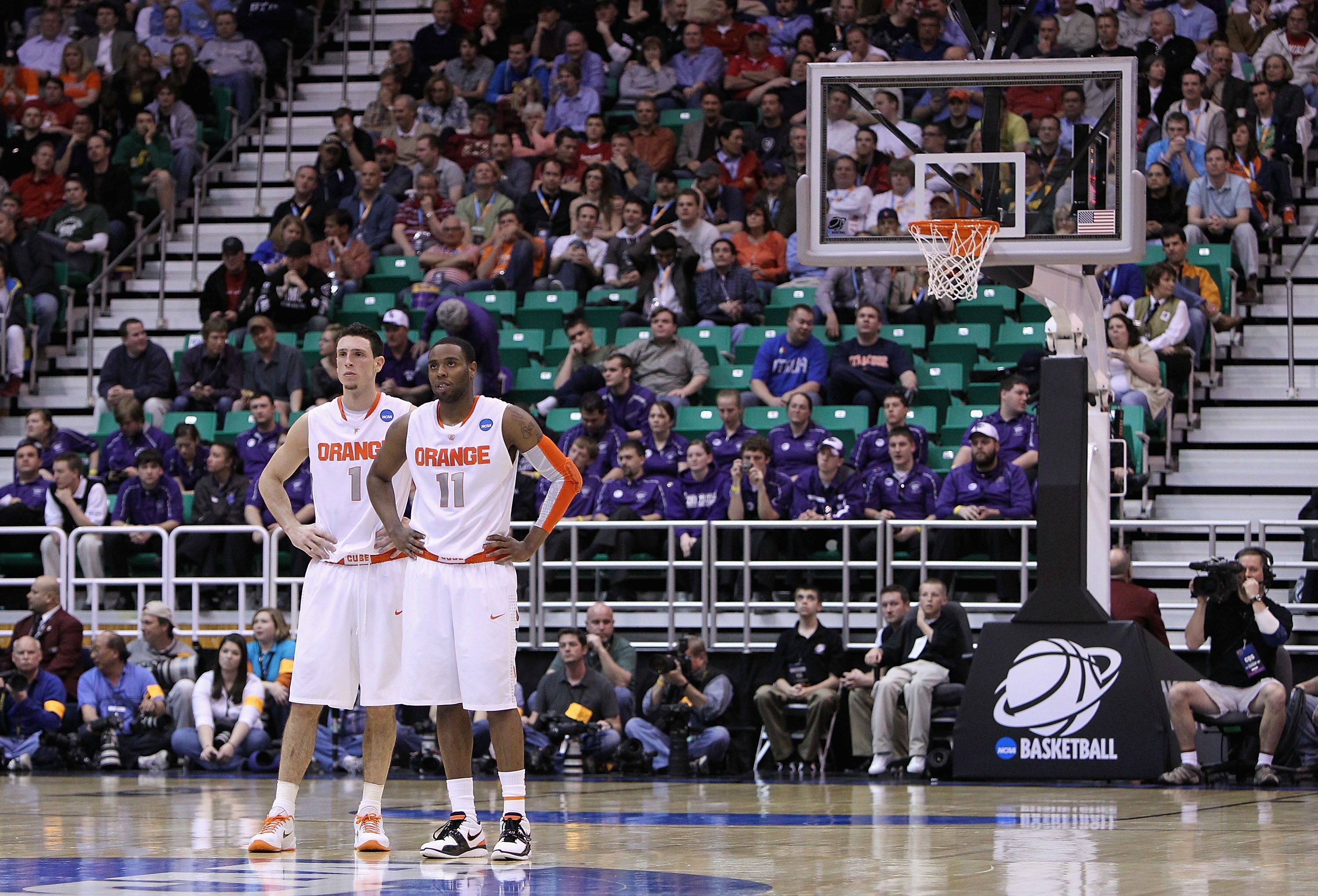 SALT LAKE CITY - MARCH 25:  Andy Rautins #1 and Scoop Jardine #11 of the Syracuse Orange during the west regional semifinal of the 2010 NCAA men's basketball tournament against the Butler Bulldogs at the Energy Solutions Arena on March 25, 2010 in Salt La