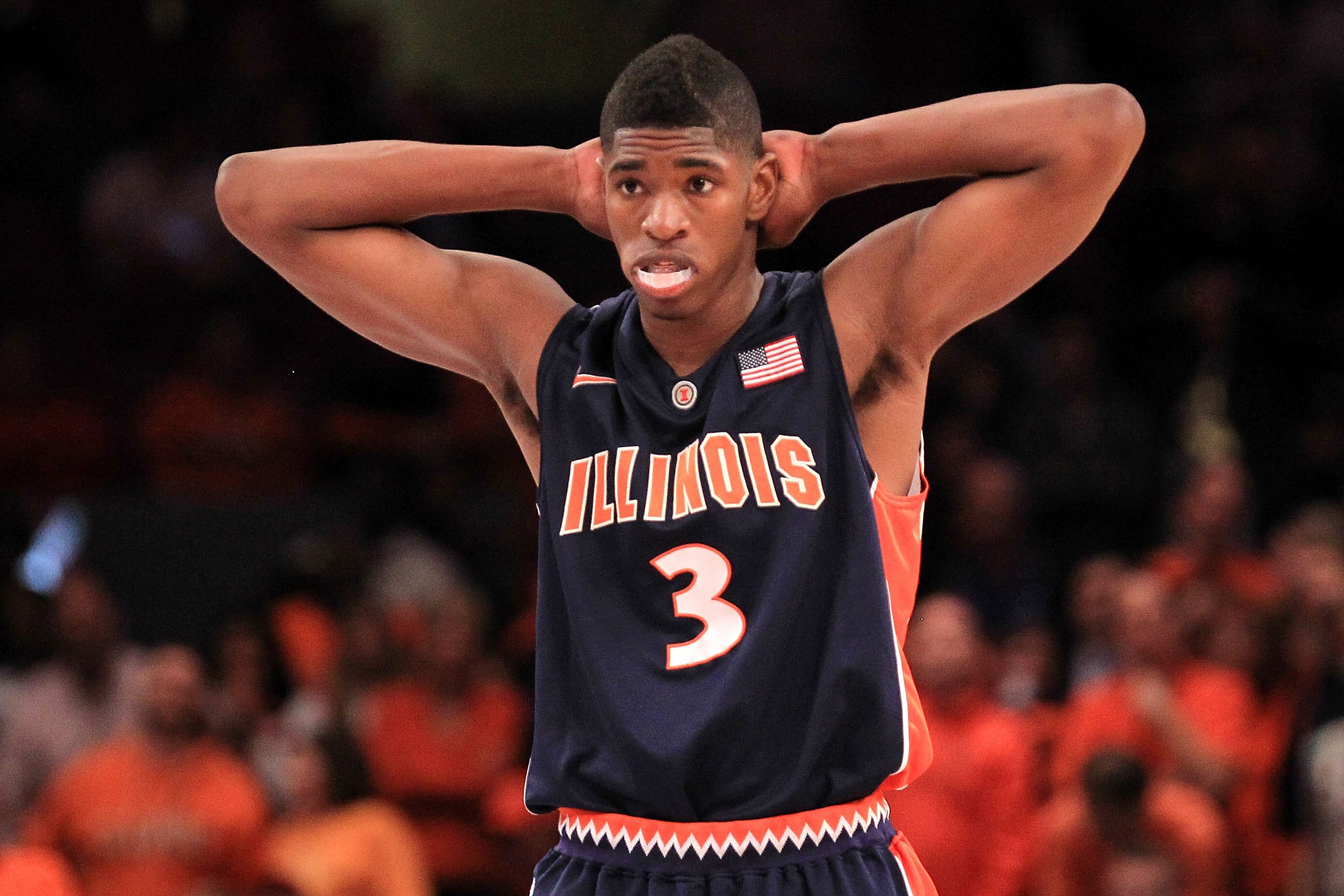 NEW YORK - NOVEMBER 18: Brandon Paul #3 of the Illinois Fighting Illini reacts after a referee's decision against the Texas Longhorns during the 2k Sports Classic at Madison Square Garden on November 18, 2010 in New York, New York.  (Photo by Chris McGrat