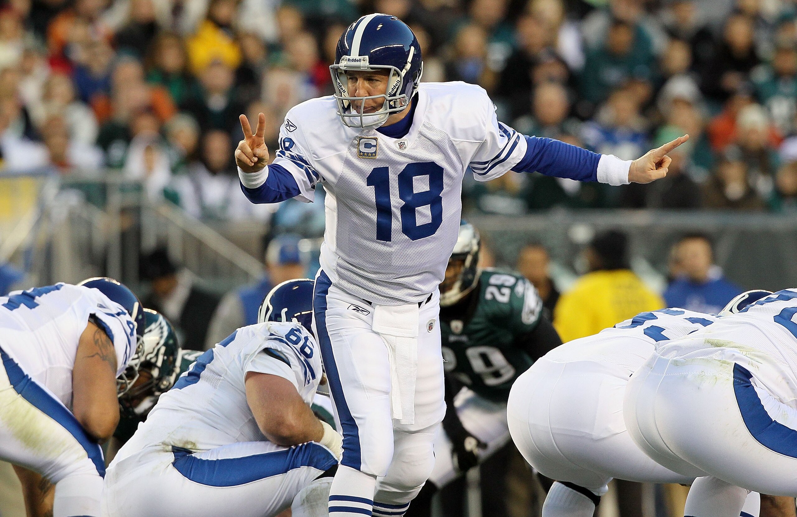 PHILADELPHIA - NOVEMBER 07:  Peyton Manning #18 of the Indianapolis Colts in action against the Philadelphia Eagles on November 7, 2010 at Lincoln Financial Field in Philadelphia, Pennsylvania. The Eagles defeated the Colts 26-24.  (Photo by Jim McIsaac/G
