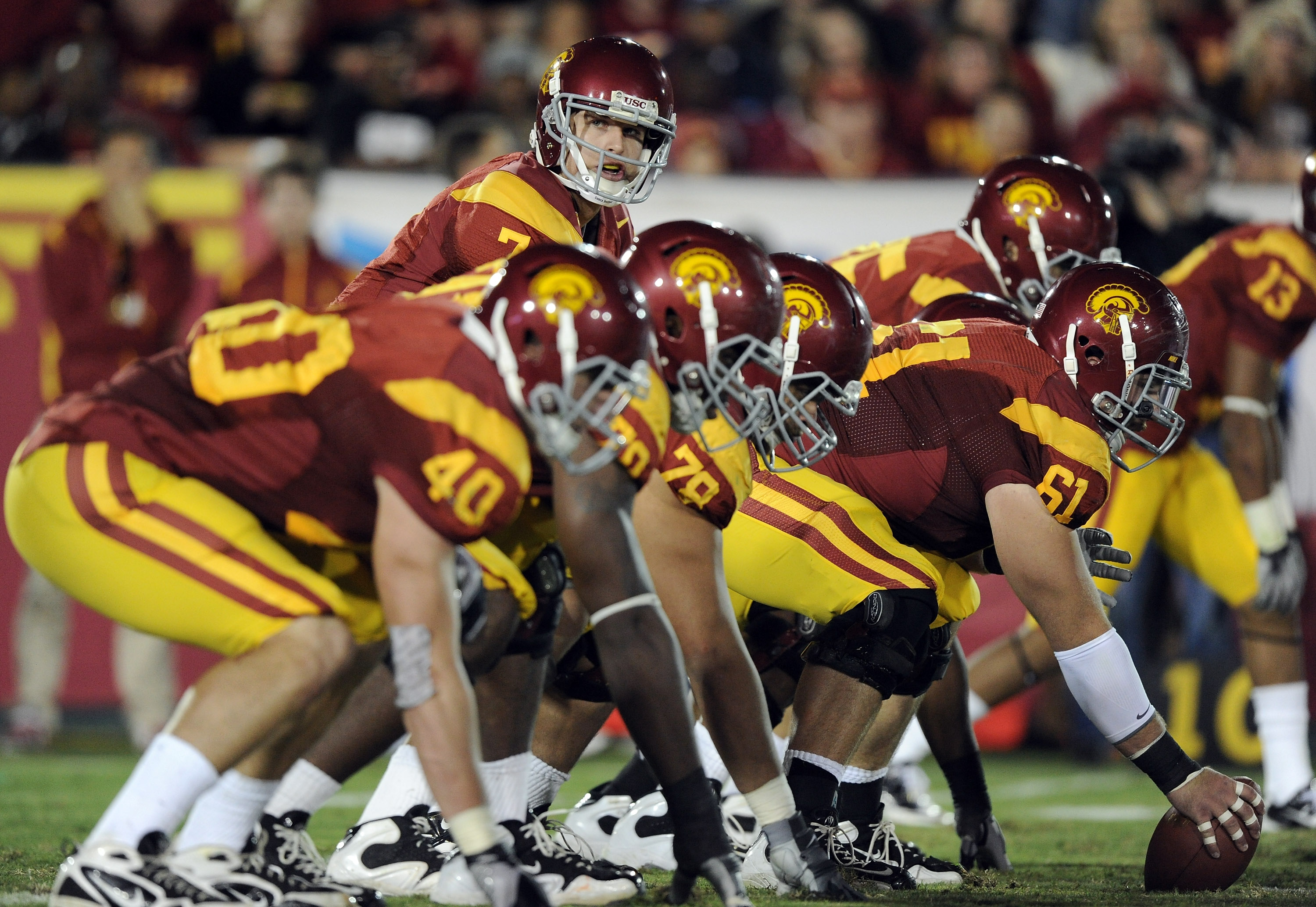 LOS ANGELES, CA - OCTOBER 30:  Matt Barkley #7 of the USC Trojans lines up against the Oregon Ducks at Los Angeles Memorial Coliseum on October 30, 2010 in Los Angeles, California.  (Photo by Harry How/Getty Images)