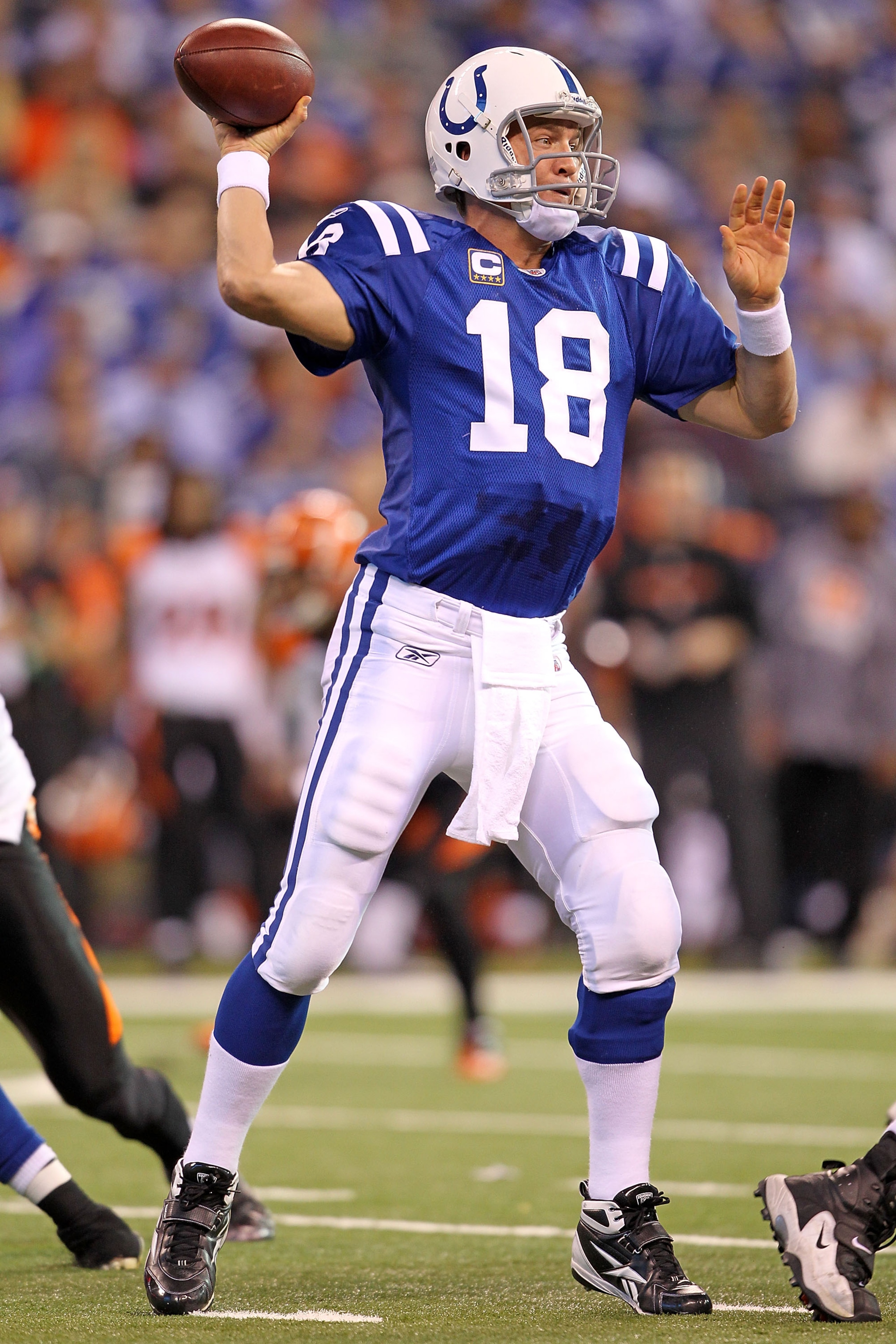 INDIANAPOLIS - NOVEMBER 14: Peyton Manning #18 of the Indianapolis Colts throws a pass during the NFL game against the Cincinnati Bengals at Lucas Oil Stadium on November 14, 2010 in Indianapolis, Indiana. The Colts won 23-17. (Photo by Andy Lyons/Getty INDIANAPOLIS - NOVEMBER 14: Peyton Manning #18 of the Indianapolis Colts throws a pass during the NFL game against the Cincinnati Bengals at Lucas Oil Stadium on November 14, 2010 in Indianapolis, Indiana. The Colts won 23-17. (Photo by Andy Lyons/Getty