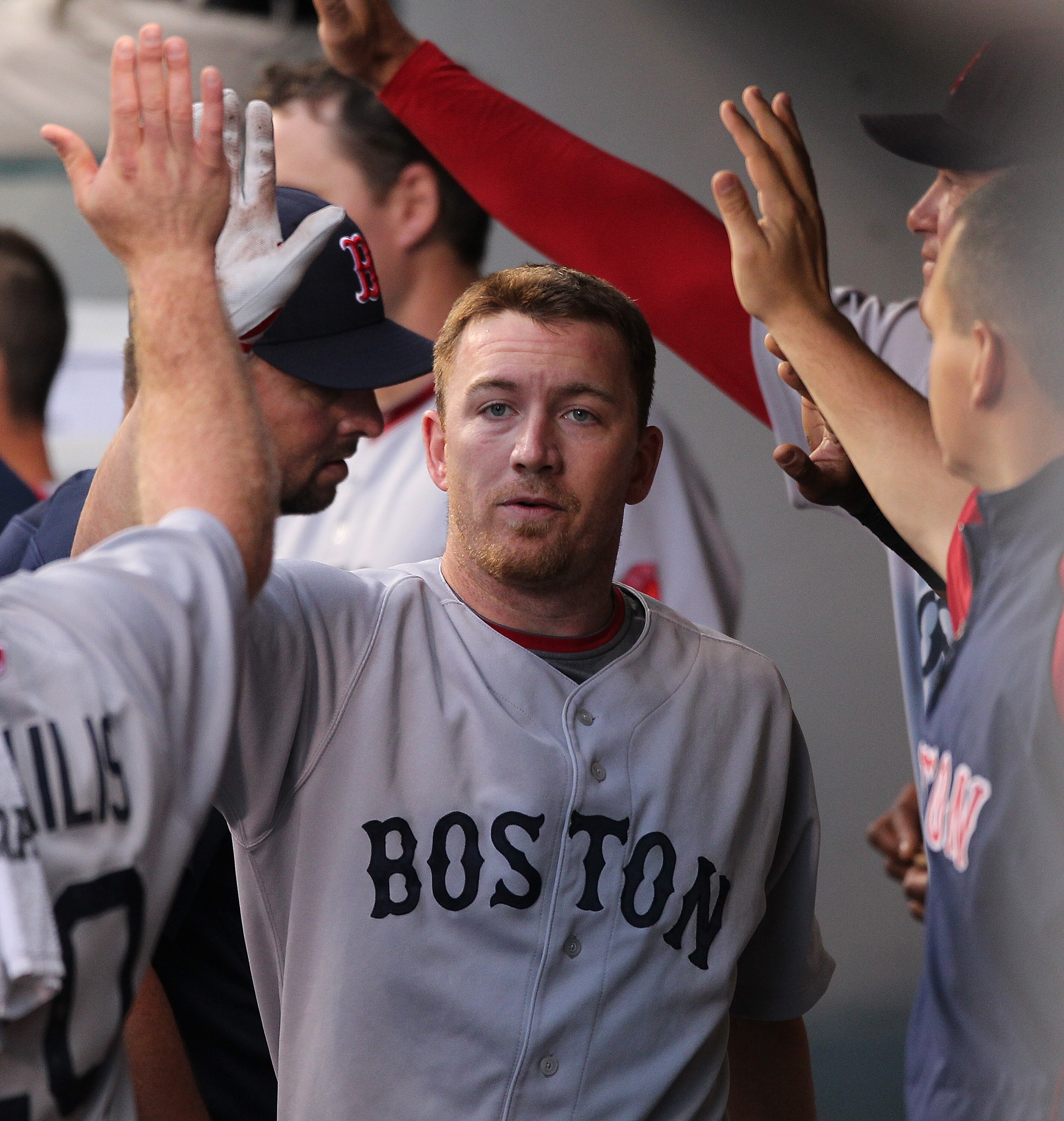 SEATTLE - JULY 22:  J.D. Drew #7 of the Boston Red Sox is congratulated after hitting a two run homer in the sixth inning against the Seattle Mariners at Safeco Field on July 22, 2010 in Seattle, Washington. (Photo by Otto Greule Jr/Getty Images)