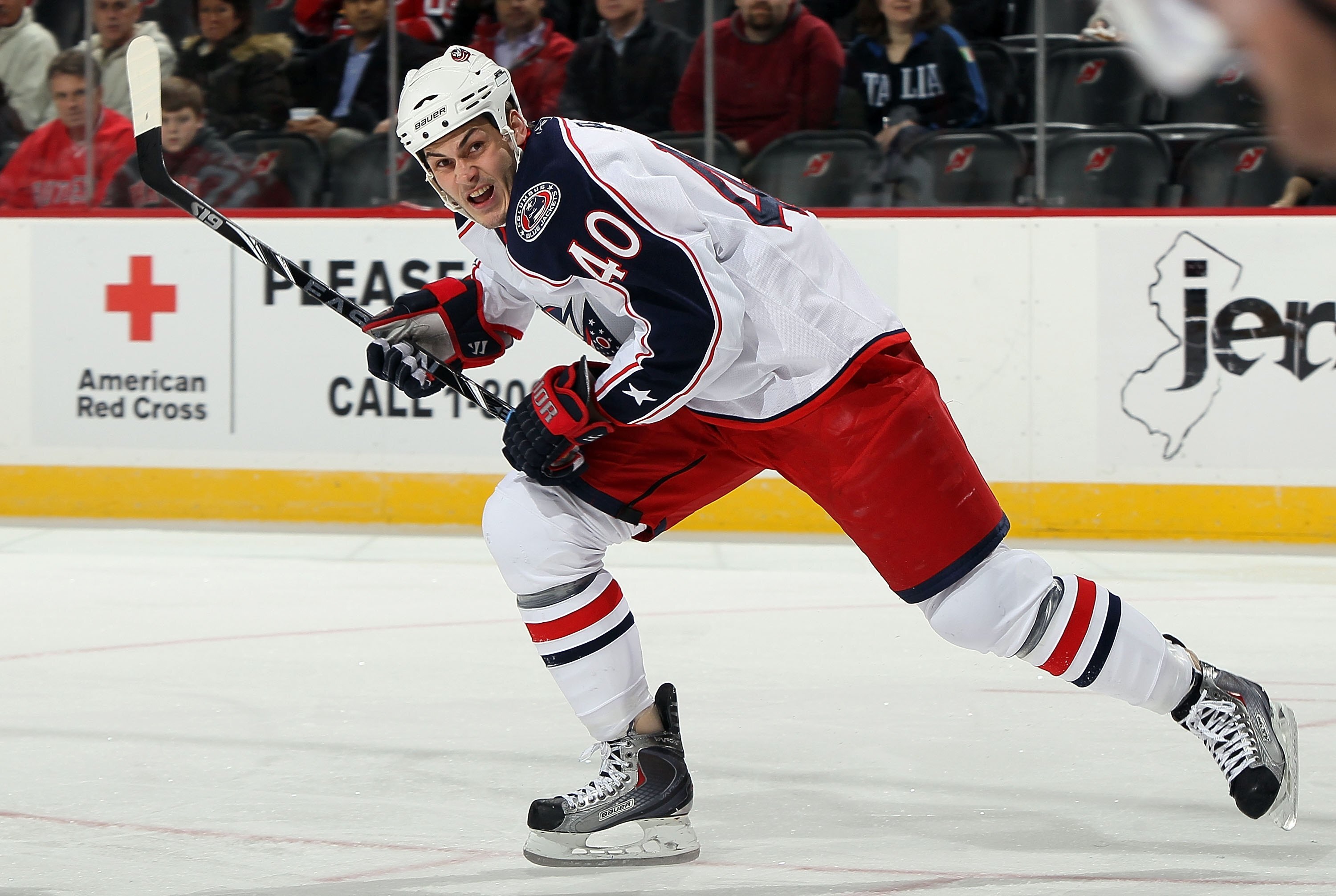 NEWARK, NJ - MARCH 23:  Jared Boll #40 of the Columbus Blue Jackets skates against the New Jersey Devils at the Prudential Center on March 23, 2010 in Newark, New Jersey. The Devils defeated the Blue Jackets 6-3.  (Photo by Jim McIsaac/Getty Images)