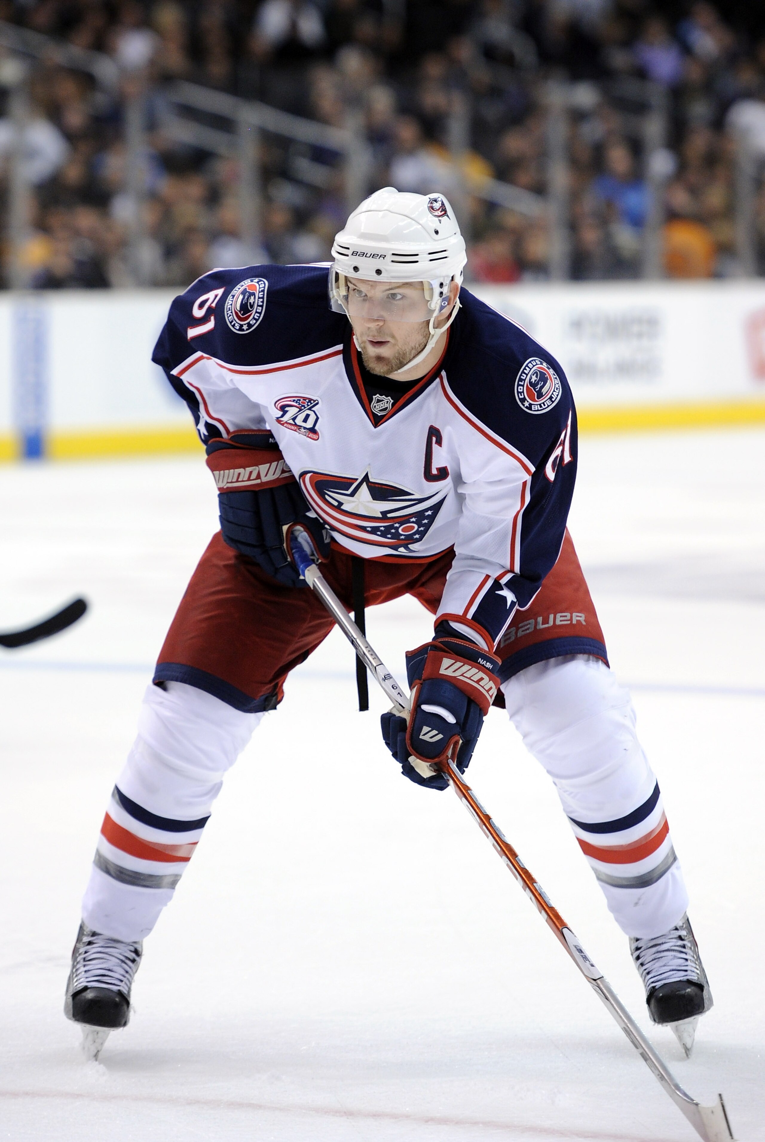 LOS ANGELES, CA - NOVEMBER 17:  Rick Nash #61 of the Columbus Blue Jackets waits to faceoff against the Los Angeles Kings during the third period at the Staples Center on November 17, 2010 in Los Angeles, California.  (Photo by Harry How/Getty Images)