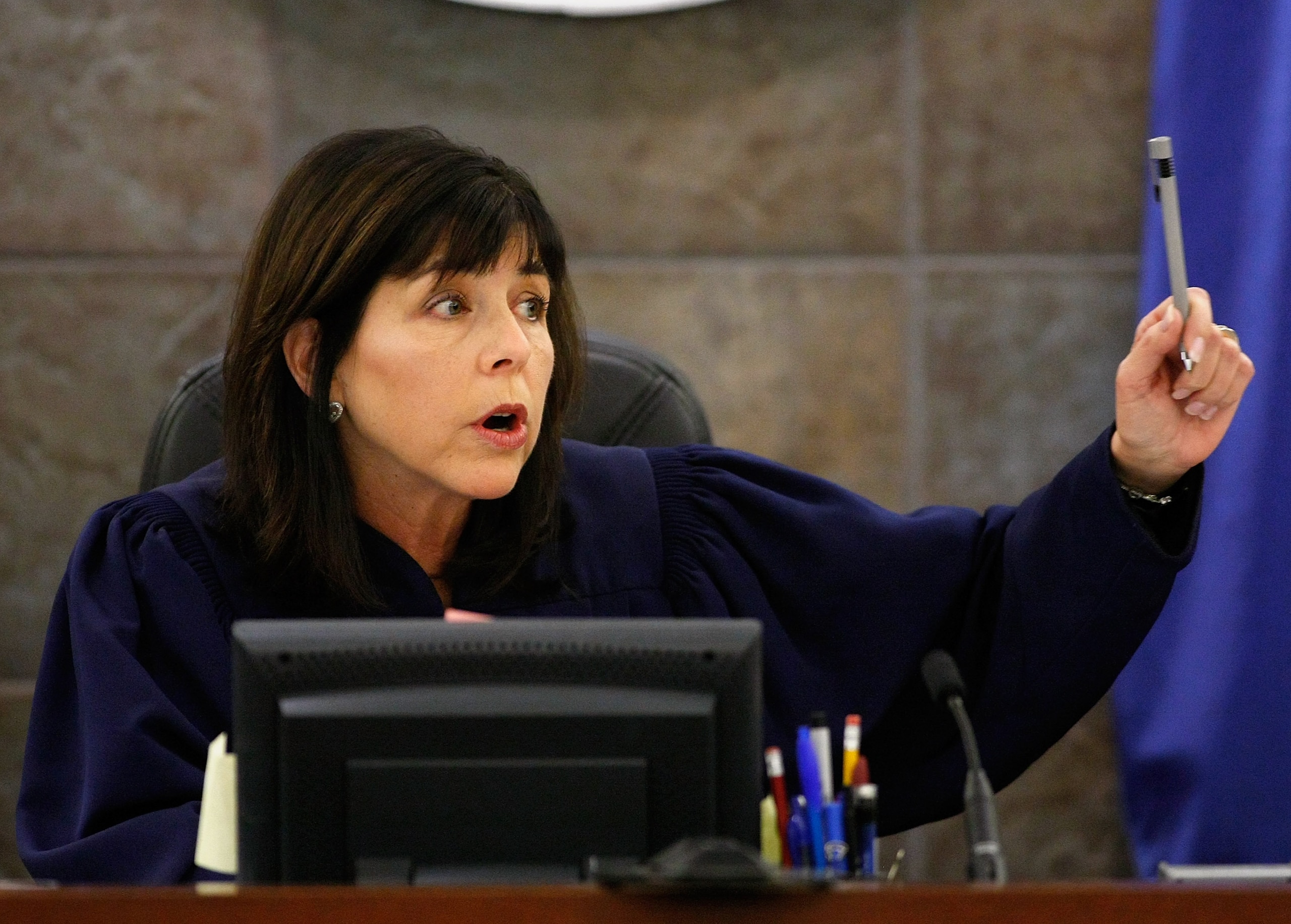 LAS VEGAS - DECEMBER 05: District Court Judge Jackie Glass speaks during the sentencing of O.J. Simpson, at the Clark County Regional Justice Center December 5, 2008 in Las Vegas, Nevada. Simpson and co-defendant Clarence 'C.J.' Stewart were sentenced on LAS VEGAS - DECEMBER 05: District Court Judge Jackie Glass speaks during the sentencing of O.J. Simpson, at the Clark County Regional Justice Center December 5, 2008 in Las Vegas, Nevada. Simpson and co-defendant Clarence 'C.J.' Stewart were sentenced on