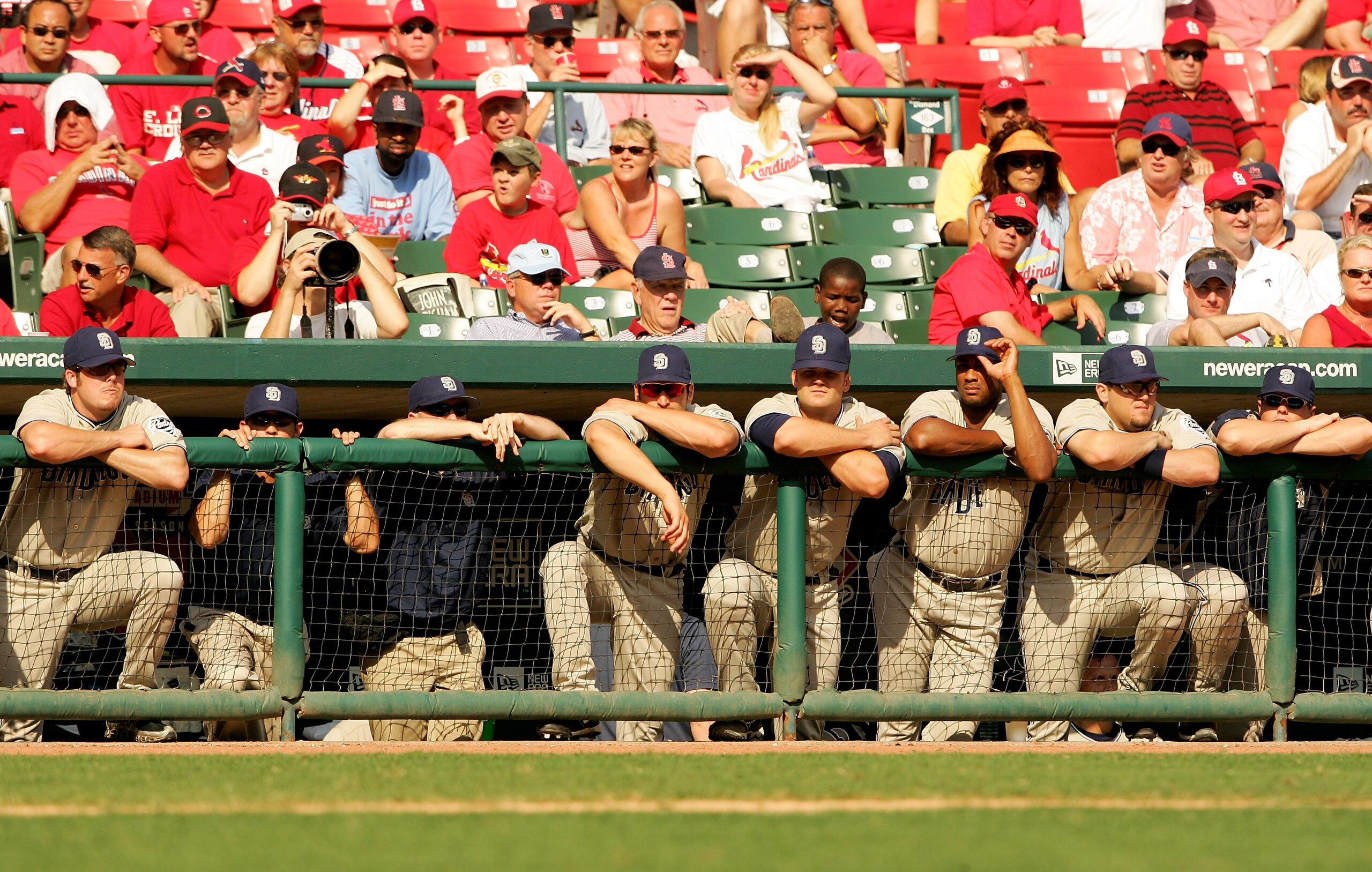ST. LOUIS - OCTOBER 04:  The San Diego Padres bench watch as the game comes to a close in the ninth inning of Game One of the National League Divison Series against the St. Louis Cardinals at Busch Stadium on October 4, 2005 in St. Louis, Missouri.  The C