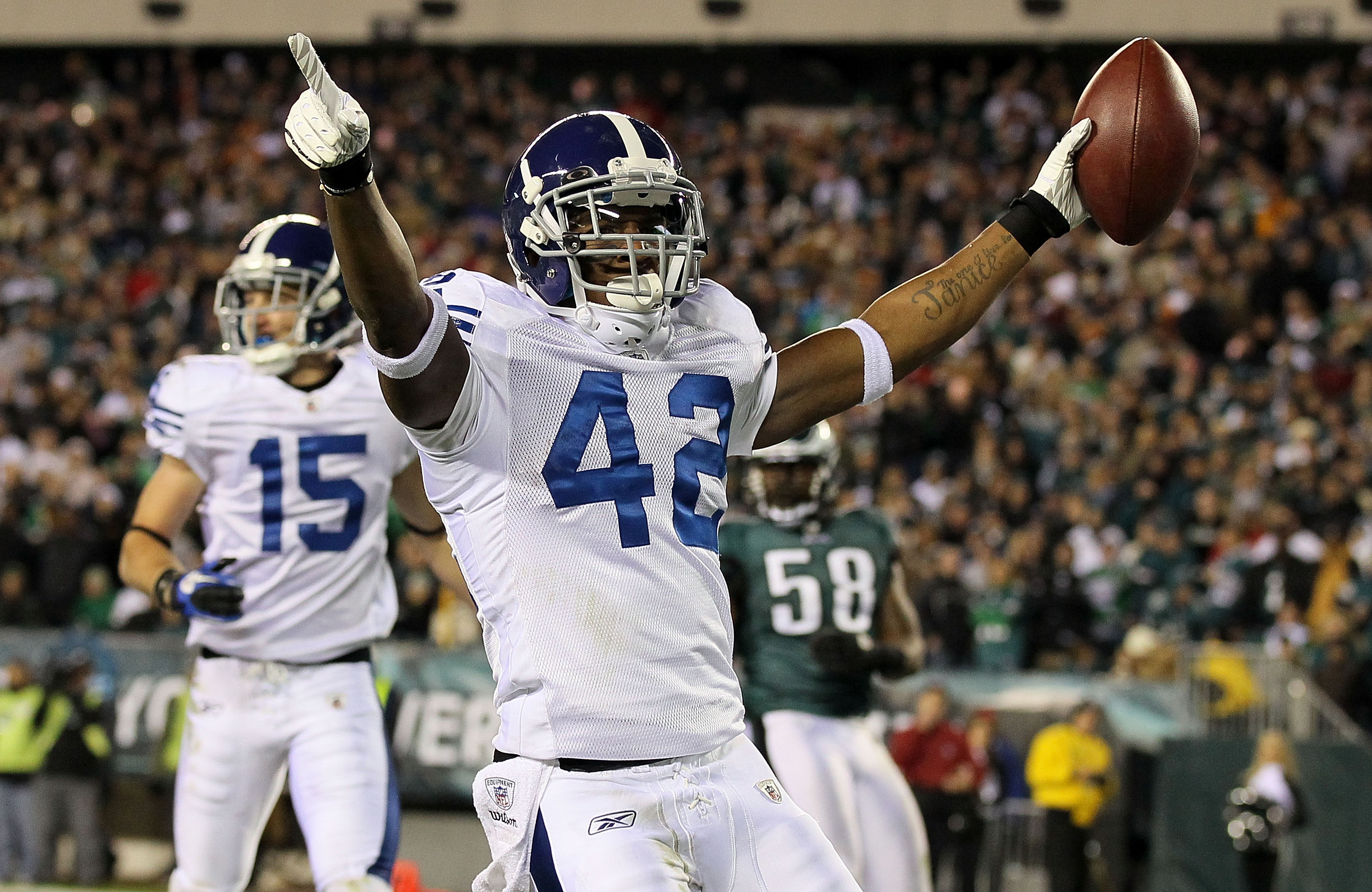 PHILADELPHIA - NOVEMBER 07:  Javarris James #42 of the Indianapolis Colts celebrates his second quarter touchdown run against the Philadelphia Eagles on November 7, 2010 at Lincoln Financial Field in Philadelphia, Pennsylvania.  (Photo by Jim McIsaac/Gett