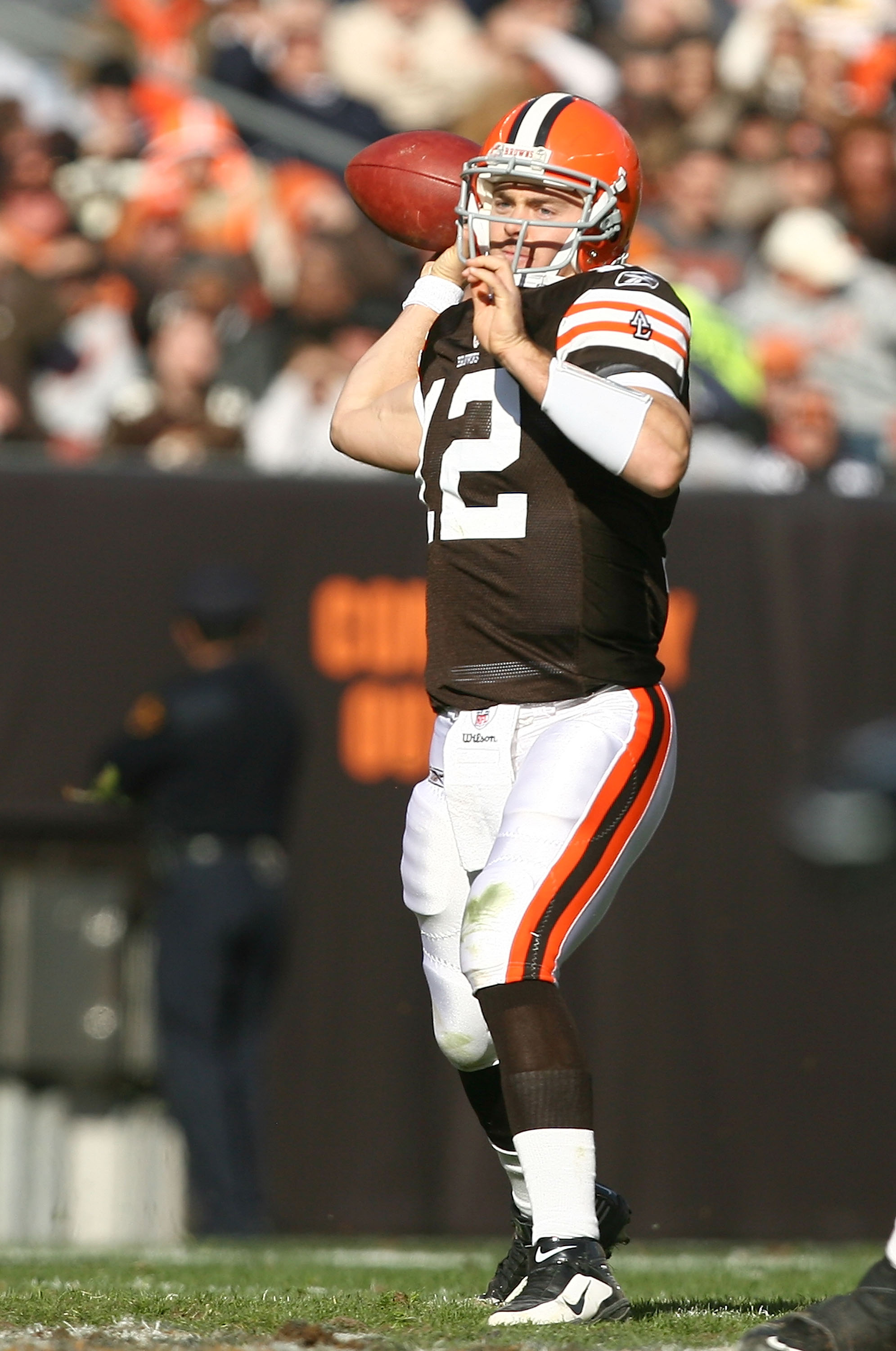 CLEVELAND - NOVEMBER 07:  Quarterback Colt McCoy #12 of the Cleveland Browns throws to a receiver against the New England Patriots at Cleveland Browns Stadium on November 7, 2010 in Cleveland, Ohio.  (Photo by Matt Sullivan/Getty Images)