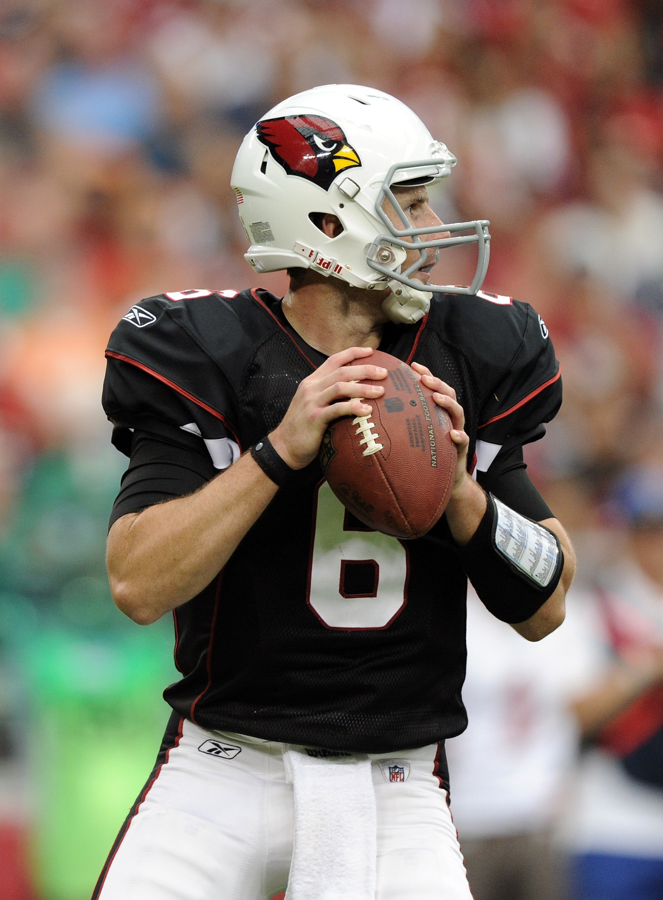 GLENDALE, AZ - OCTOBER 31:  Max Hall #6 of the Arizona Cardinals drops back to pass against the Tampa Bay Buccaneers during the first quarter at University of Phoenix Stadium on October 31, 2010 in Glendale, Arizona.  (Photo by Harry How/Getty Images)