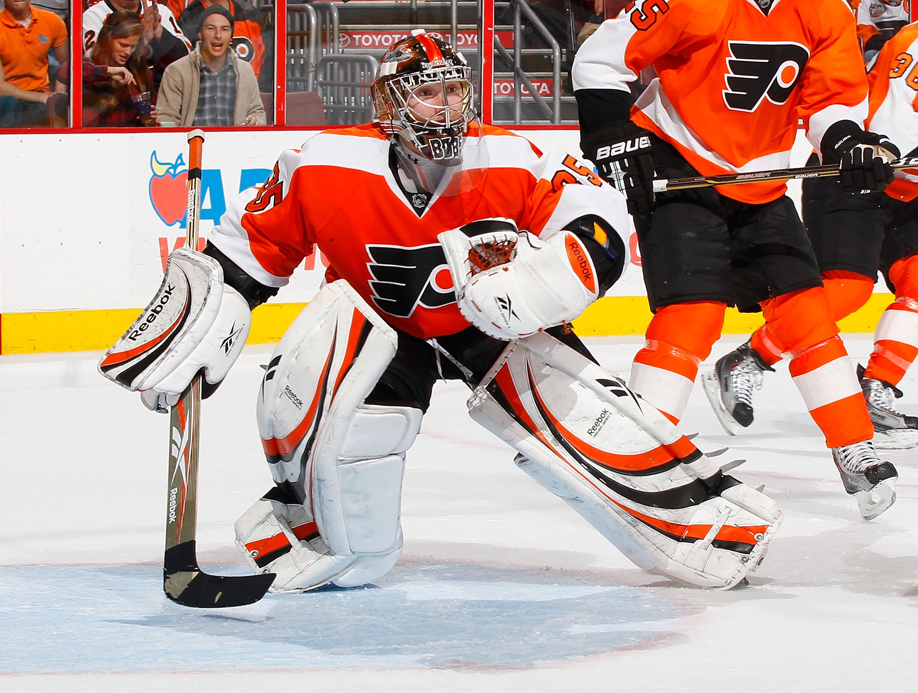 PHILADELPHIA - NOVEMBER 01:  Goaltender Sergei Bobrovsky #35 of the Philadelphia Flyers skates against the Carolina Hurricanes on November 1, 2010 at the Wells Fargo Center in Philadelphia, Pennsylvania. Flyers defeat the Hurricanes 3-2.  (Photo by Mike S