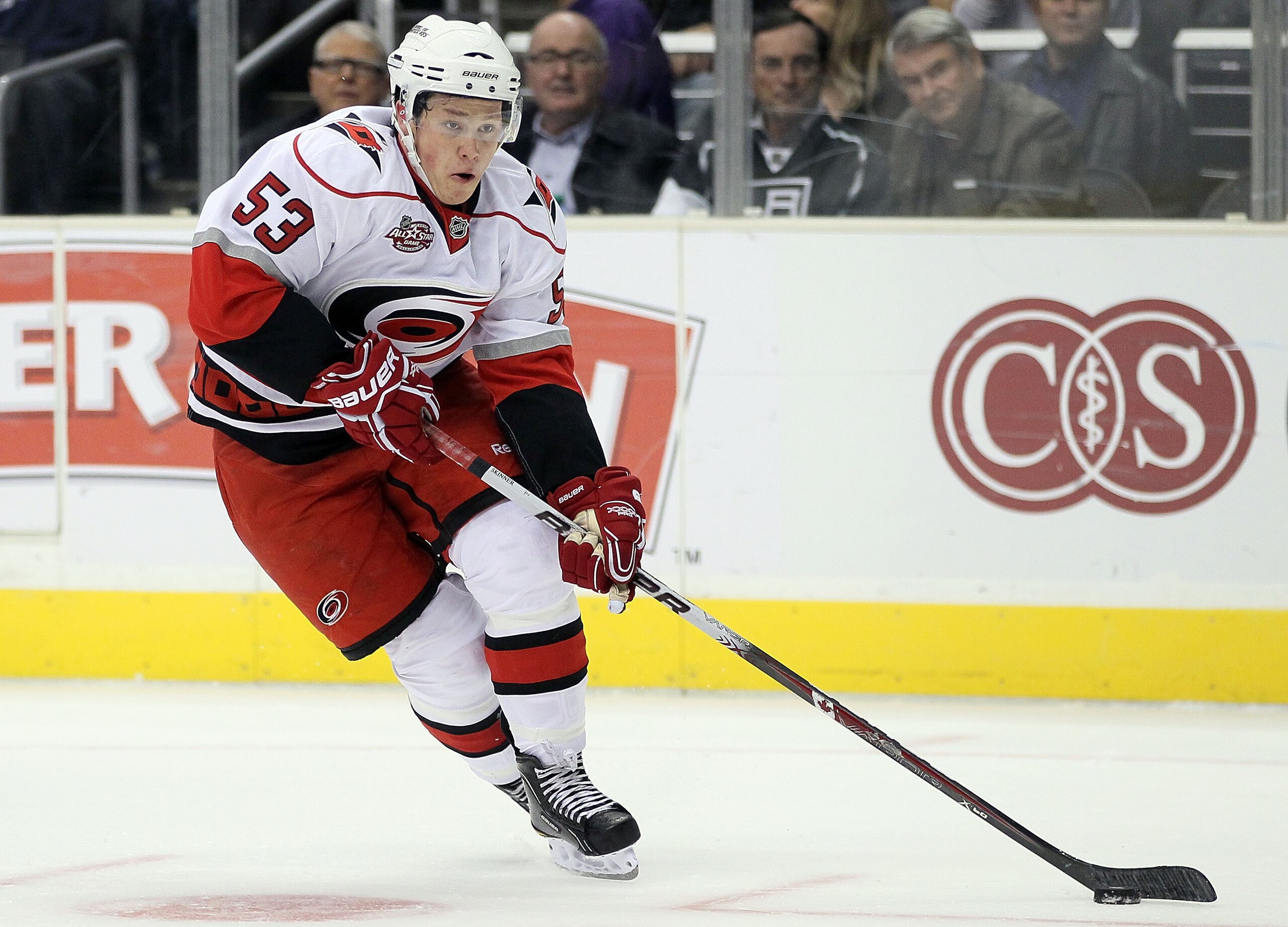 LOS ANGELES, CA - OCTOBER 20:  Jeff Skinner #53 of the Carolina Hurricanes skates against the Los Angeles Kings at Staples Center on October 20, 2010 in Los Angeles, California. The Kings defeated the Hurricanes 4-3.  (Photo by Jeff Gross/Getty Images)