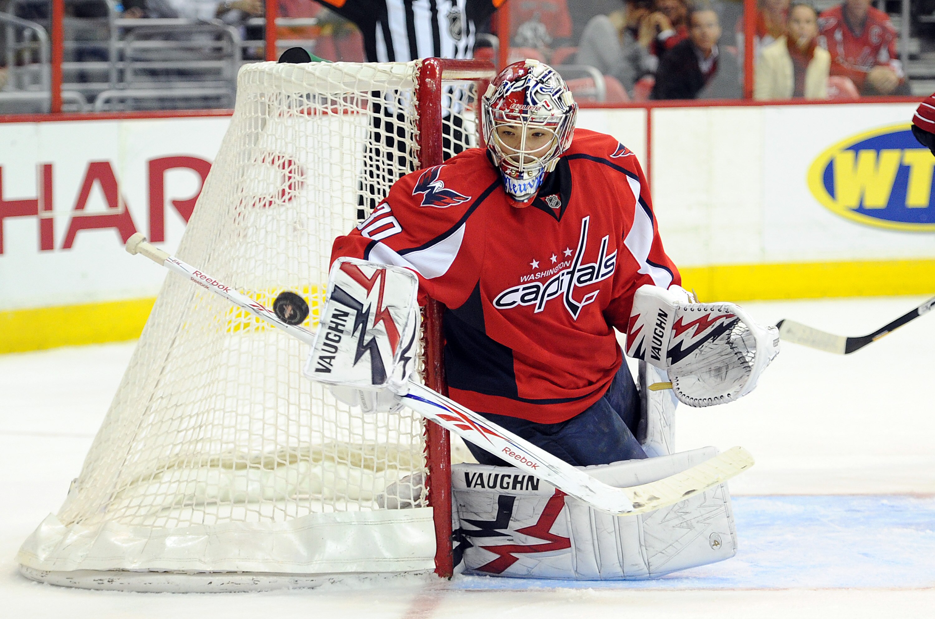 WASHINGTON - NOVEMBER 17:  Michal Neuvirth #30 of the Washington Capitals makes a save against the Buffalo Sabres at the Verizon Center on November 17, 2010 in Washington DC.  (Photo by Greg Fiume/Getty Images)